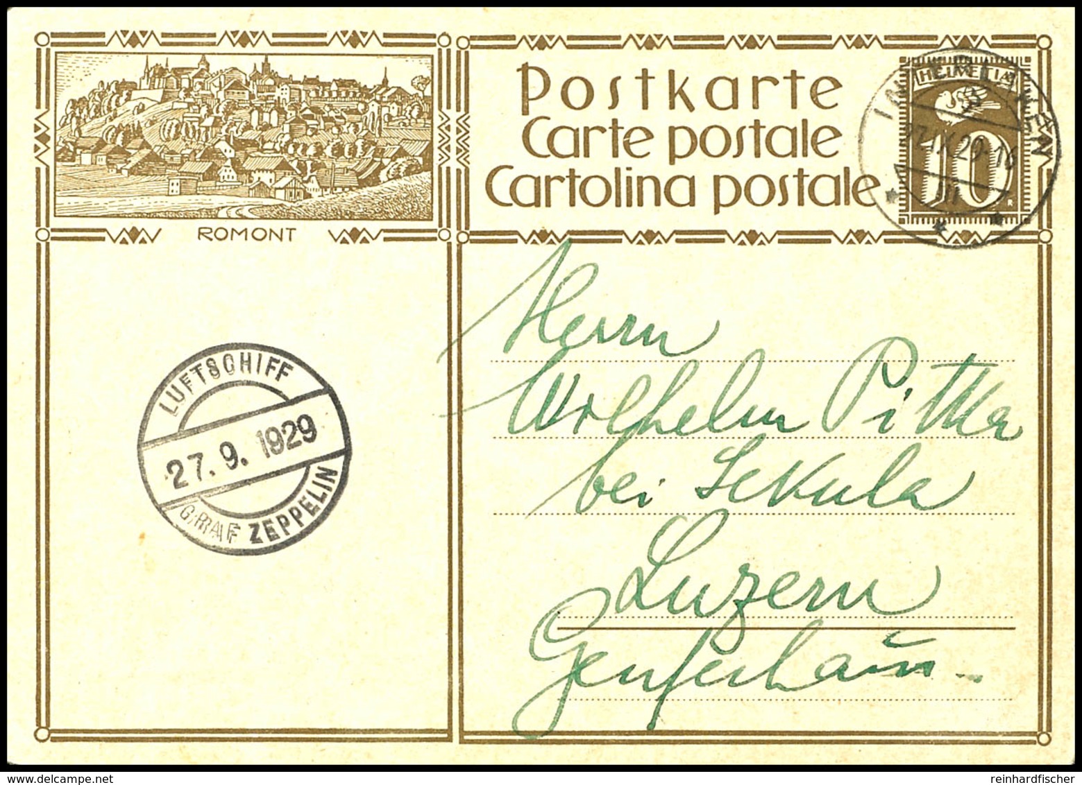 6917 1929, 2. Schweizfahrt, Abwurf Interlaken Mit Bordpoststempel Vom 27.9, 10 C. Bild-Ganzsachenkarte Mit Stempel INTER - Other & Unclassified