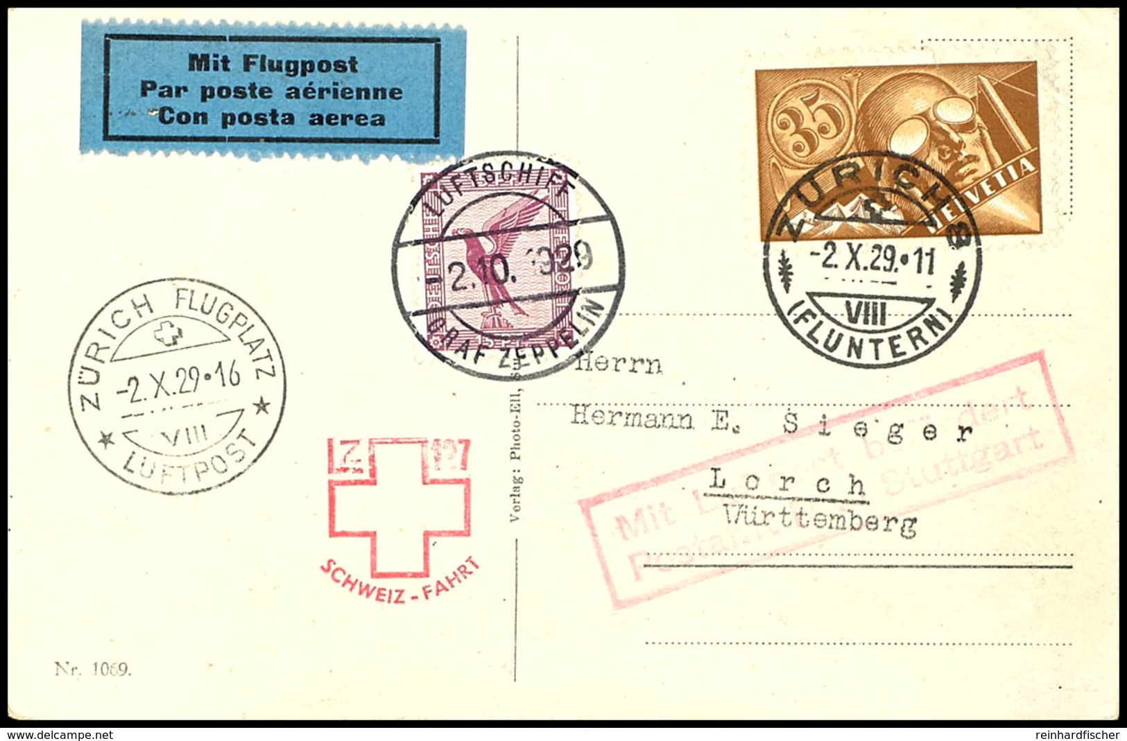 6921 1929, 4. Schweizfahrt, Abwurf Zürich, Fotokarte Mit 15 Pfg. Adler Mit Bordpoststempel Vom 2.10. Und Schweiz 35 C. F - Sonstige & Ohne Zuordnung