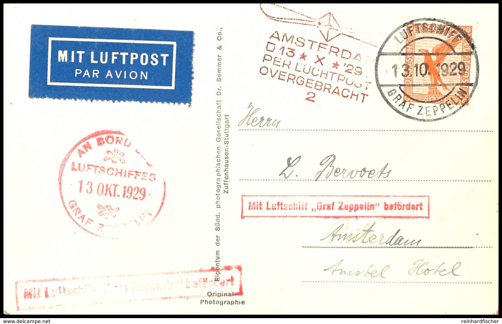 6927 1929, Hollandfahrt, Bordpost Vom 13.10. Mit Abwurf Amsterdam, Fotokarte Mit 50 Pfg. Adler, Bordstempel Vom 13.10. U - Other & Unclassified