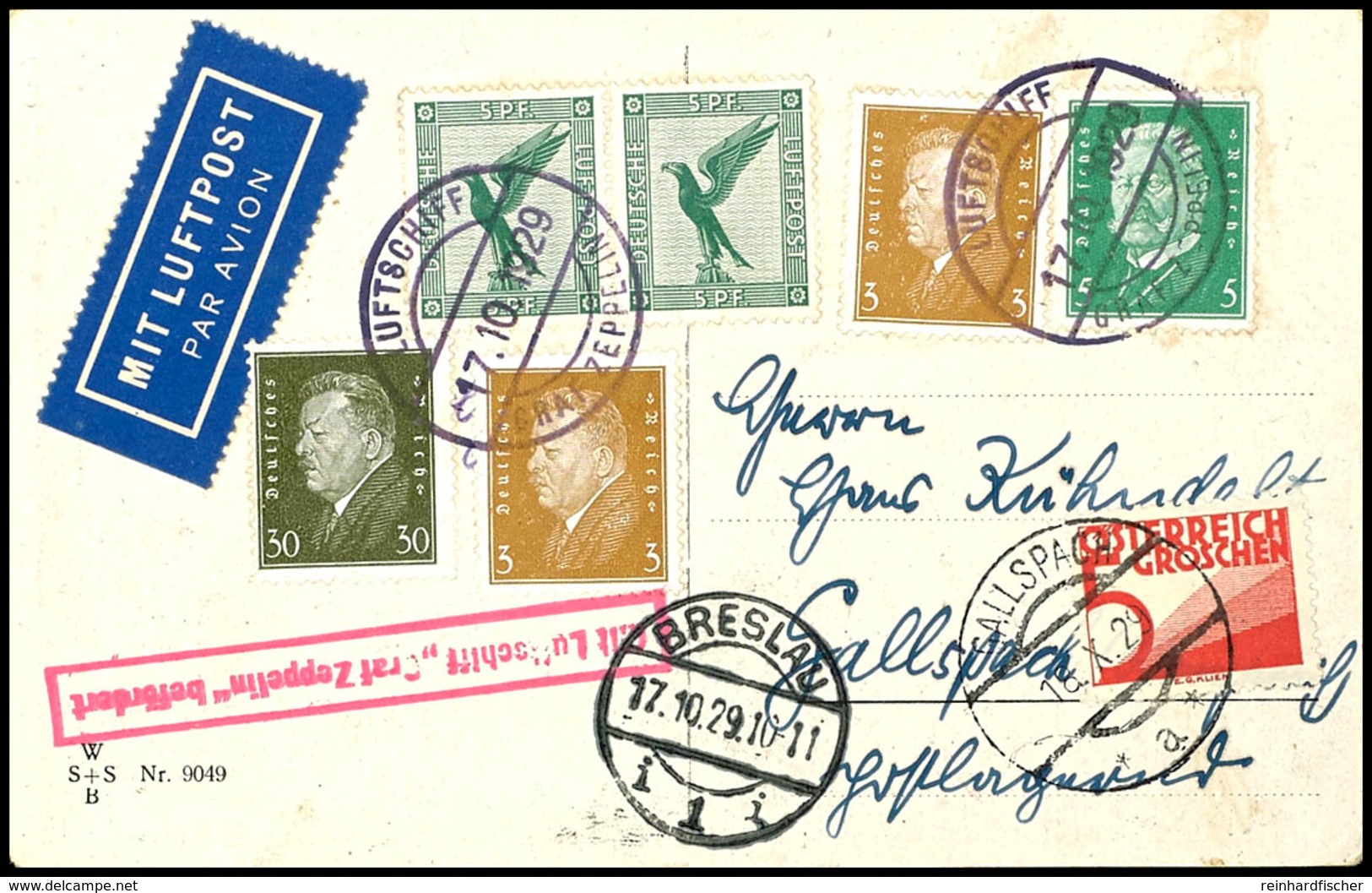 6931 1929, Schlesienfahrt Mit Abwurf Breslau, Karte Mit Bunter Frankatur Und Bordpost-Stempel Vom 17.10.1929 (Type A), A - Sonstige & Ohne Zuordnung