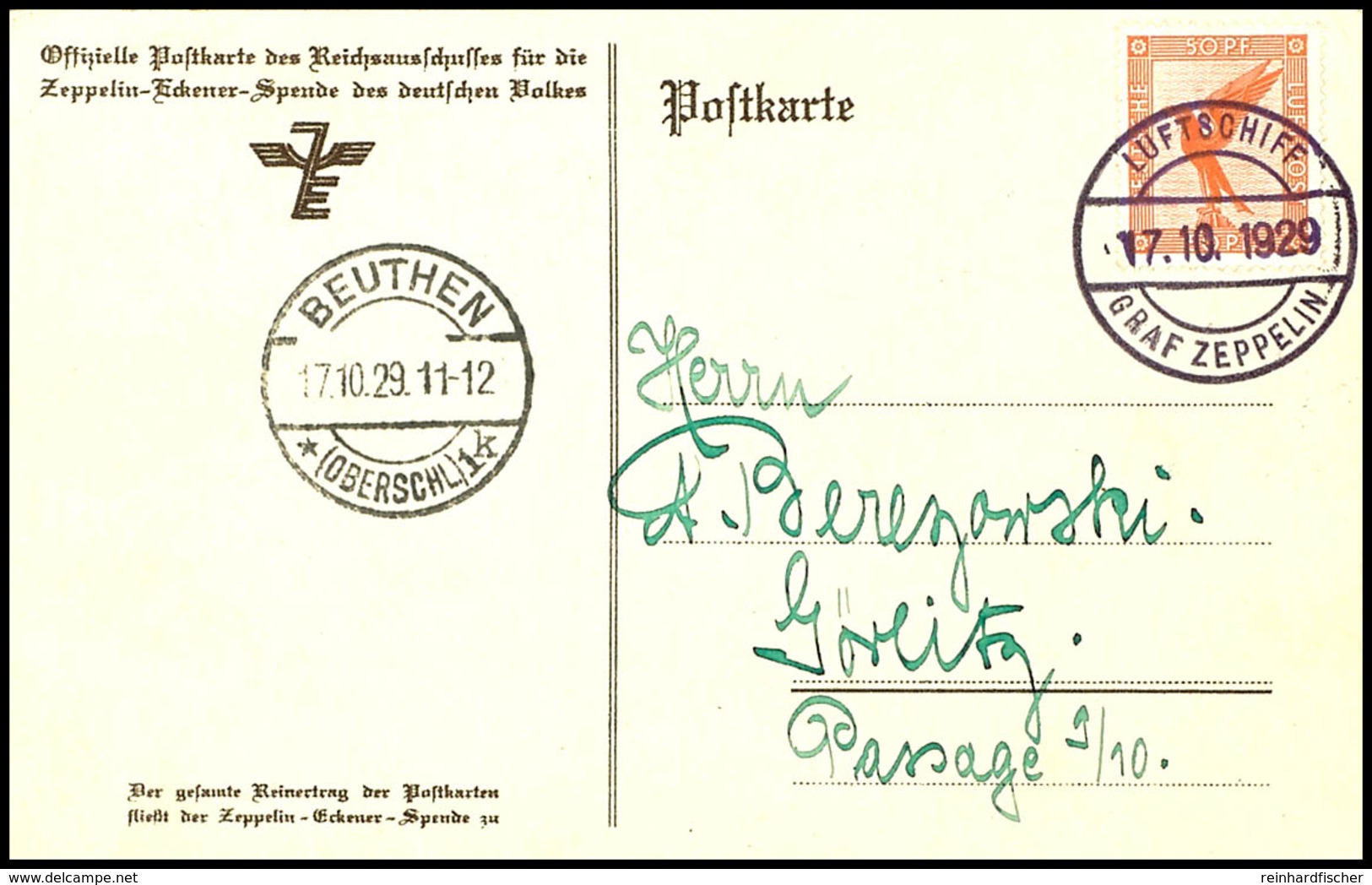 6932 1929, Schlesienfahrt, Bordpost Vom 17.10. Mit Abwurf Beuthen, Eckener-Spendenkarte Mit 50 Pfg. Adler Und Vorderseit - Other & Unclassified