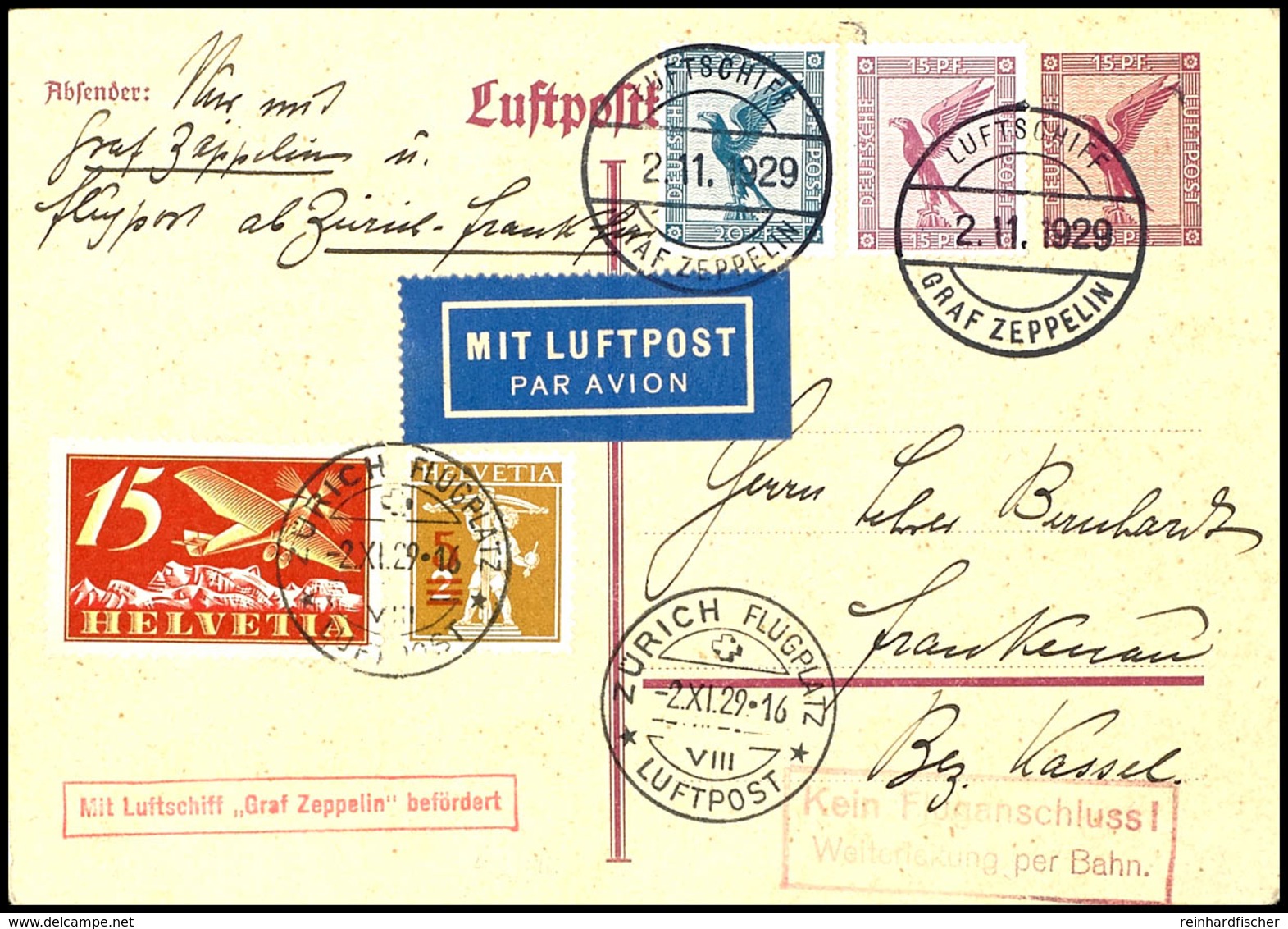 6933 1929, Fahrt Nach Zürich-Dübendorf, Bordpost Vom 2.11., 15 Pfg. Ganzsachenkarte Mit Flugpost-Zufrankatur Und Schweiz - Andere & Zonder Classificatie