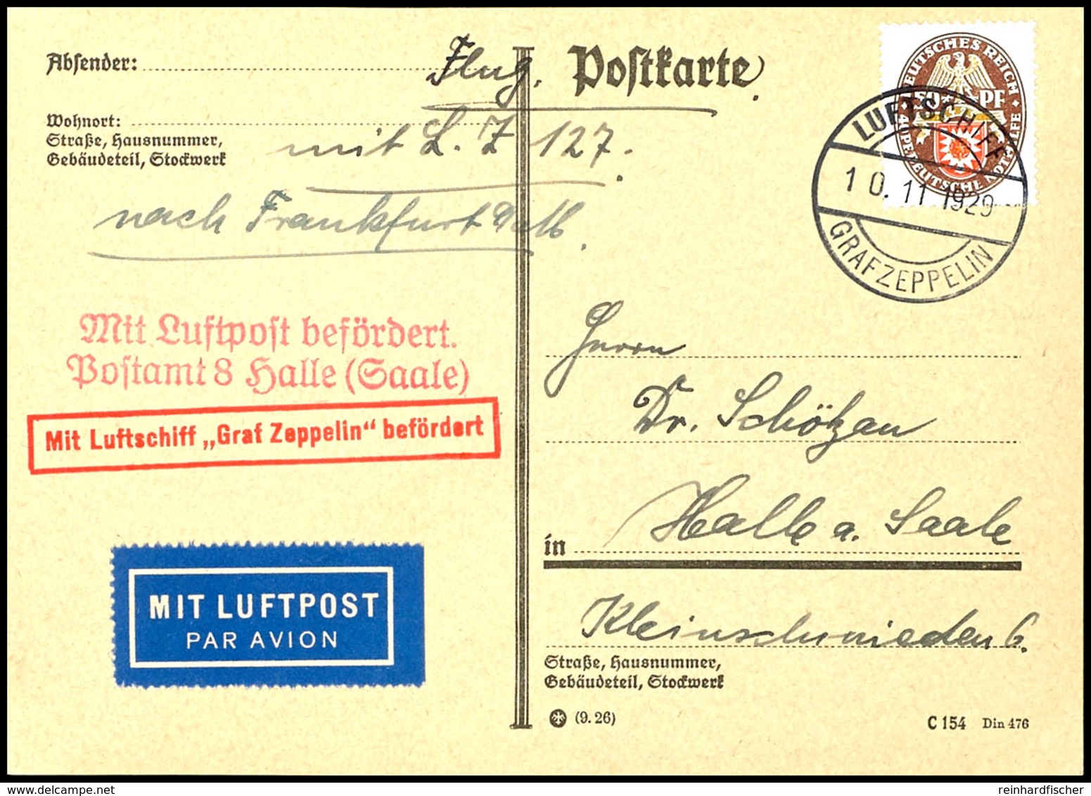 6940 1929, Fahrt Nach Frankfurt, Bordpost Vom 10.11., Karte Mit 50 Pfg. Nothilfe 1929 (Mi.-Nr. 434) Nach Halle Mit Flugp - Sonstige & Ohne Zuordnung