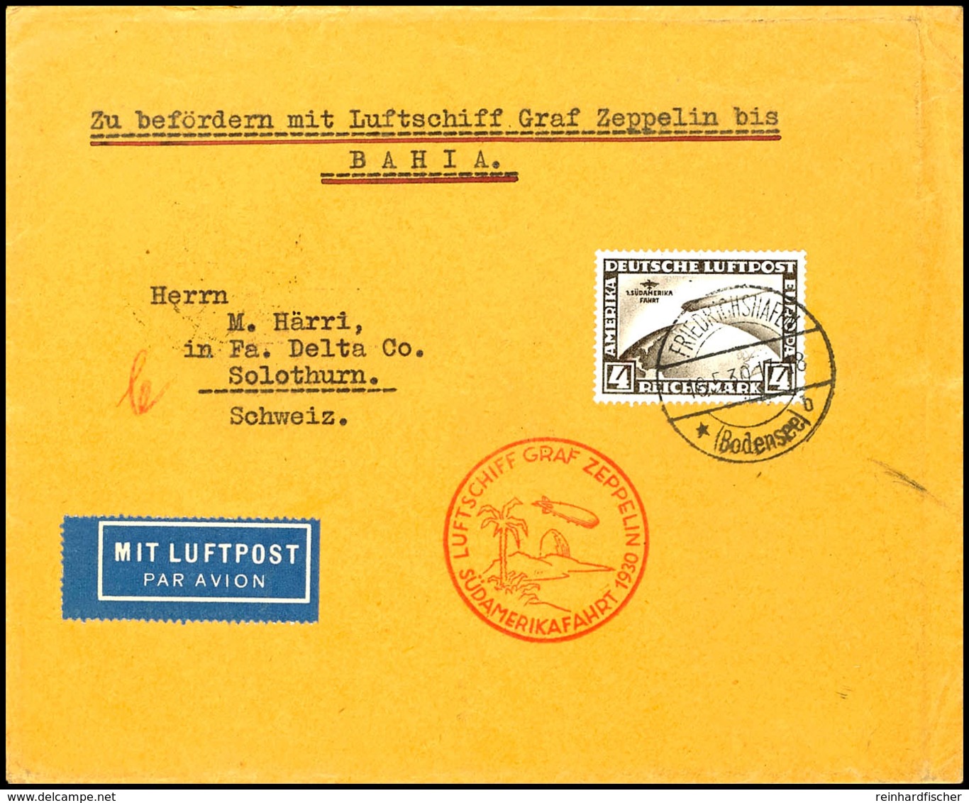6951 1930, Südamerikafahrt, Auflieferung Friedrichshafen Bis Bahia, Brief Mit 4 M. Südamerikafahrt Und Allen Stempeln, A - Sonstige & Ohne Zuordnung
