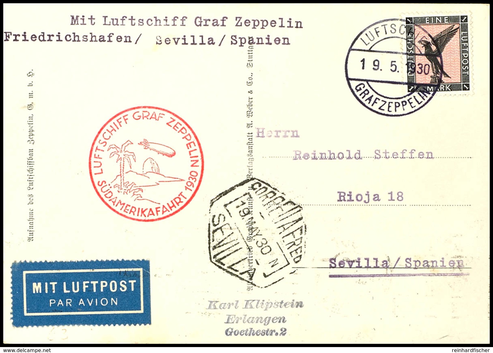 6956 1930, Südamerikafahrt, Bordpost Vom 19.5. Bis Sevilla, Fotokarte Mit 1 M. Adler Und Vorderseitig Allen Stempeln, Pr - Andere & Zonder Classificatie