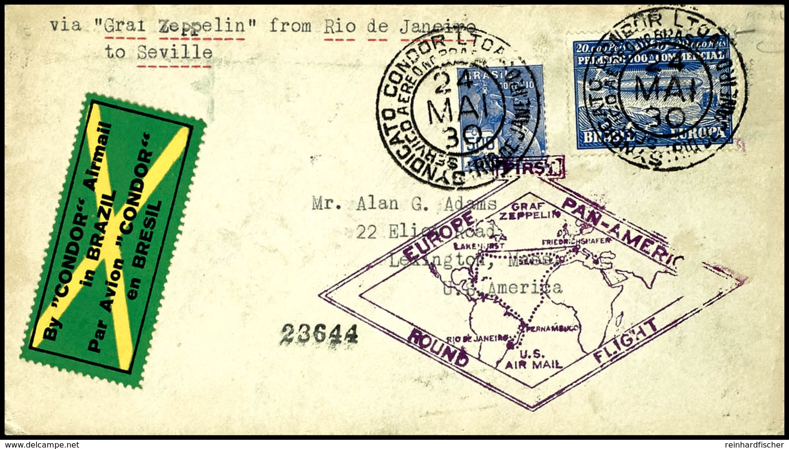 6962 1930, Südamerikafahrt, Brasil. Post, Rio De Janeiro - Sevilla, Brief Mit 20000 R. Zeppelinmarke Aus RIO DE JANEIRO  - Sonstige & Ohne Zuordnung