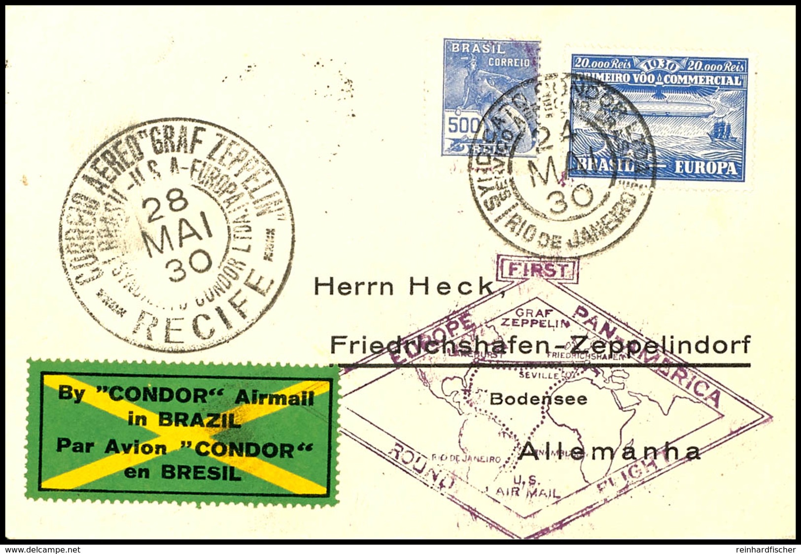 6963 1930, Südamerikafahrt, Brasilianische Post, Recife - Friedrichshafen, Brief Mit 20000 Rs. Zeppelin Und Allen Stempe - Andere & Zonder Classificatie