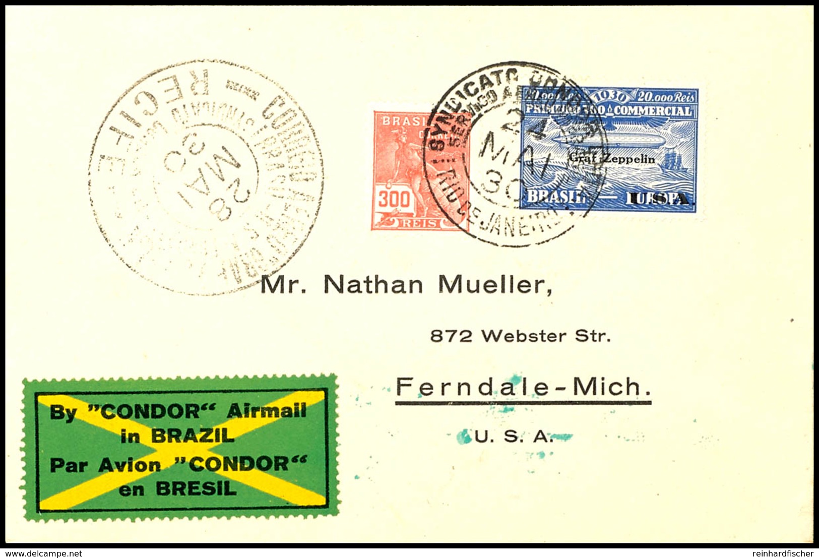 6965 1930, Südamerikafahrt, Brasilianische Post, Rio De Janeiro -Recife - Lakehurst, Brief Mit 20000 Rs. Zeppelin USA Un - Other & Unclassified