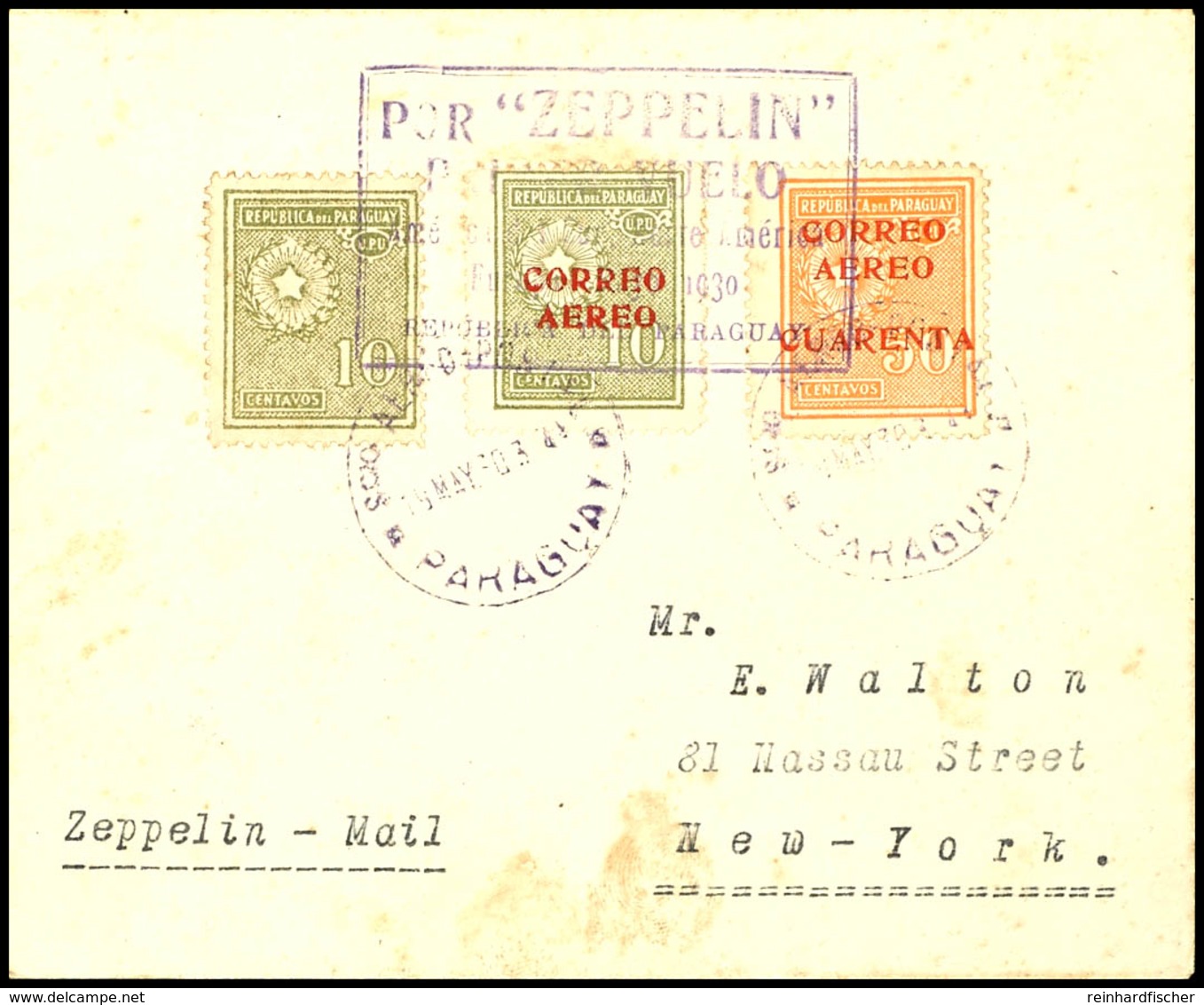 6969 1930, Südamerikafahrt, Paraguayische Post, Etappe Bis Lakehurst, Brief Vom 19.5. Mit Violettem Bestätigungsstempel, - Other & Unclassified