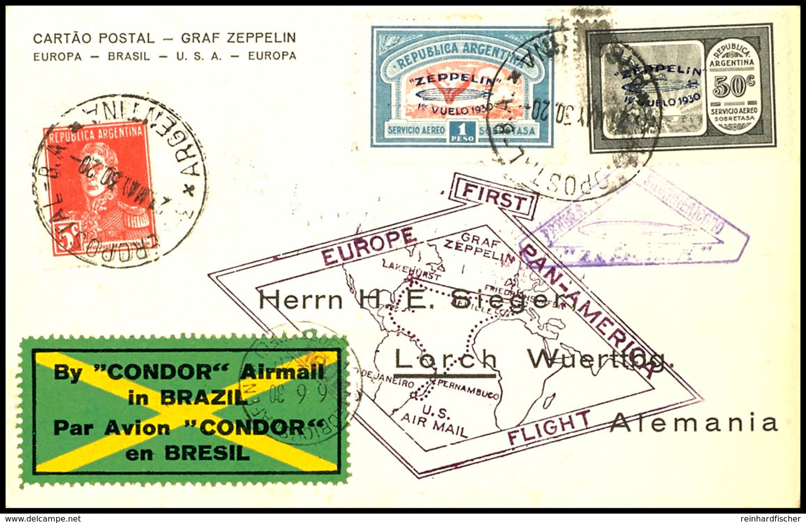 6970 1930, Südamerikafahrt, Argentinische Post, Karte Mit Zeppelinmarken 50 C. Und 1 P. Mit Blauem Aufdruck Sowie Amerik - Andere & Zonder Classificatie