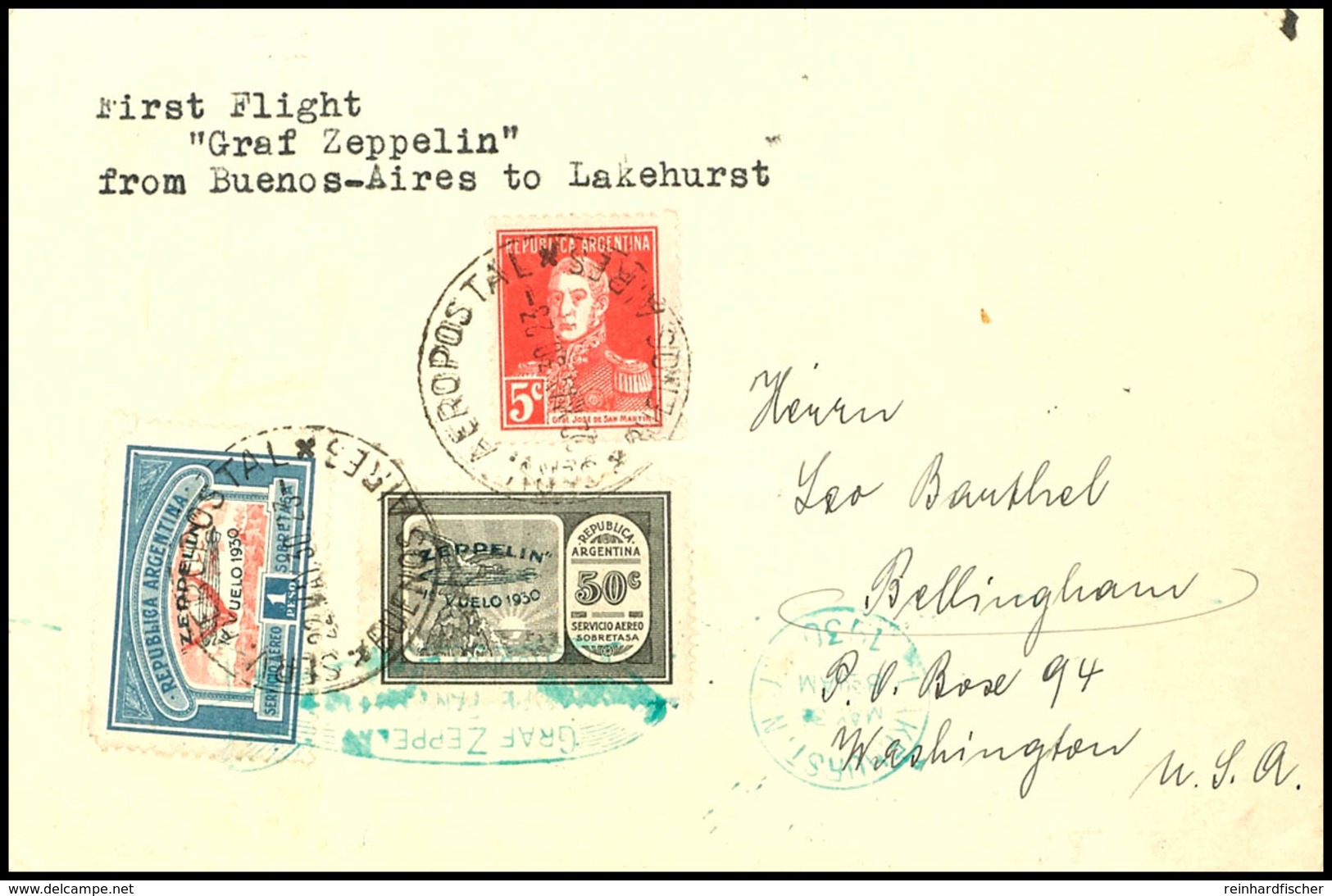 6973 1930, Südamerikafahrt, Argentinische Post Bis Lakehurst, Fotokarte Mit 50 C. Und 1 Peso Zeppelin Mit Grünem Aufdruc - Other & Unclassified