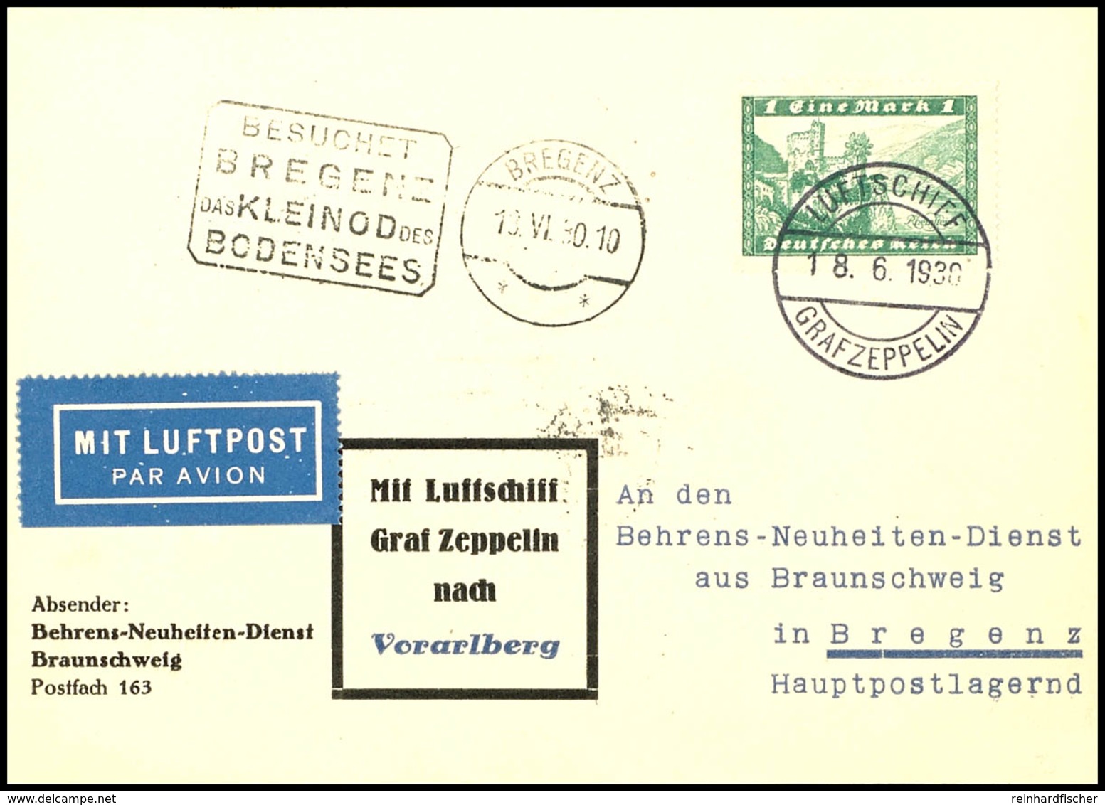 6979 1930, Vorarlbergfahrt, Bordpost Vom 18.6., Vordruckkarte Mit 1 M. Freimarke Nach Bregenz Mit Ankunftsstempel Und Rü - Other & Unclassified