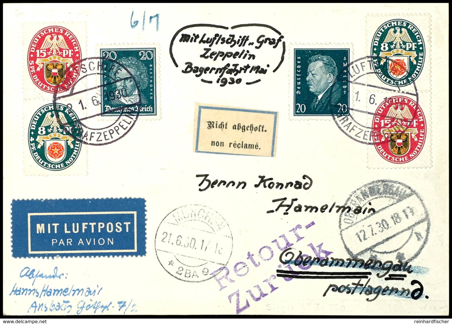 6980 1930, Deutschlandfahrt, Bordpost Vom 21.6, Karte Mit Beidseitiger Frankatur (u.a. Zusammendrucke Mi.-Nr. W 27.2, W  - Andere & Zonder Classificatie