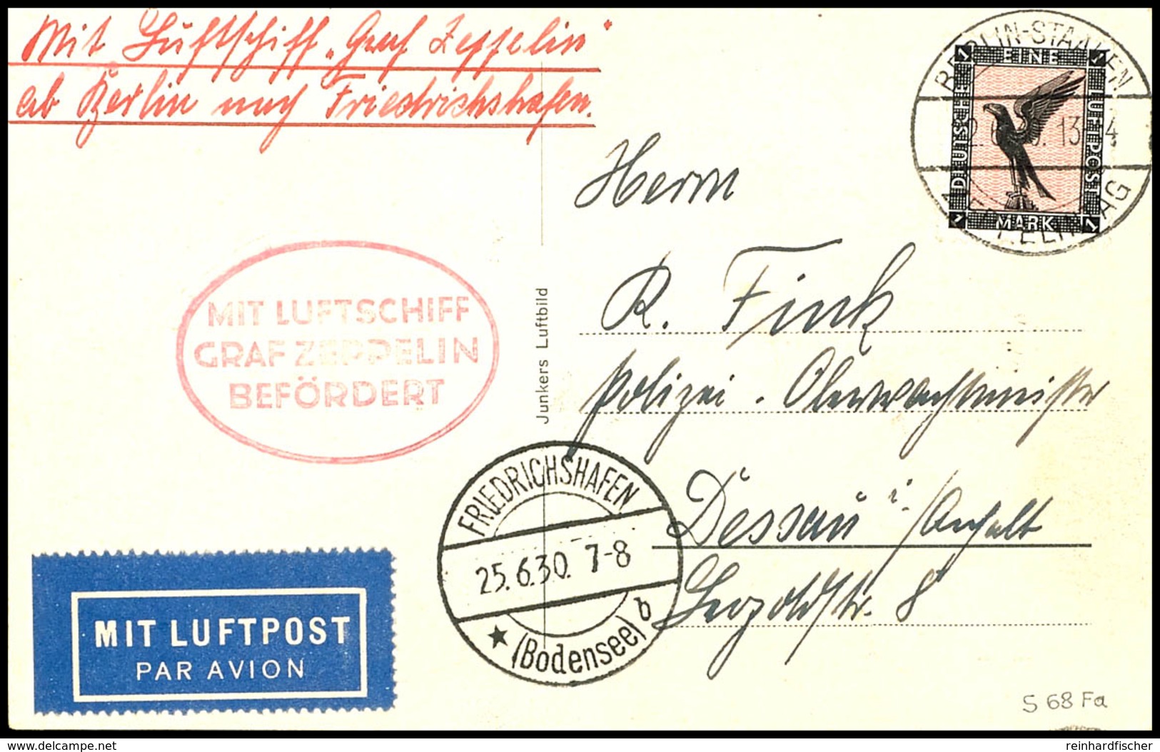 6983 1930, Deutschlandfahrt, Auflieferung BERLIN-STAAKEN ZEPPELINTAG 22.6., Karte Mit 1 M. Adler Via Friedrichshafen Nac - Sonstige & Ohne Zuordnung