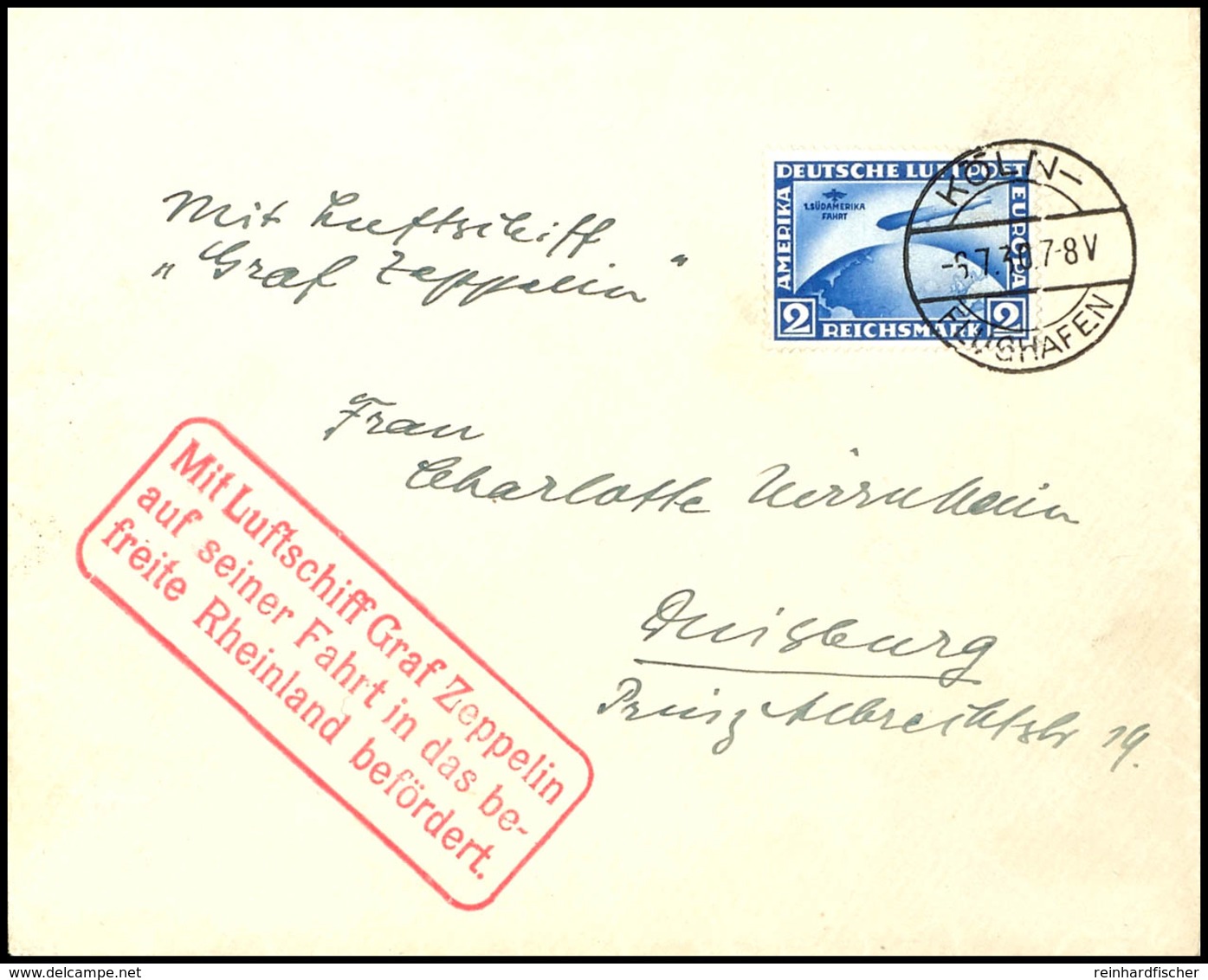 6987 1930, Fahrt In Das Befreite Rheinland, Abwurf Koblenz Mit Tagesstempel Köln, Brief Mit 2 RM. Südamerikafahrt Mit "K - Other & Unclassified