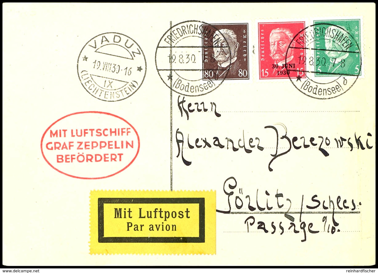 6993 1930, Schweizfahrt, Auflieferung Friedrichshafen Mit Abwurf Vaduz, Karte Mit Bunter Frankatur Nach Görlitz, Alle St - Sonstige & Ohne Zuordnung