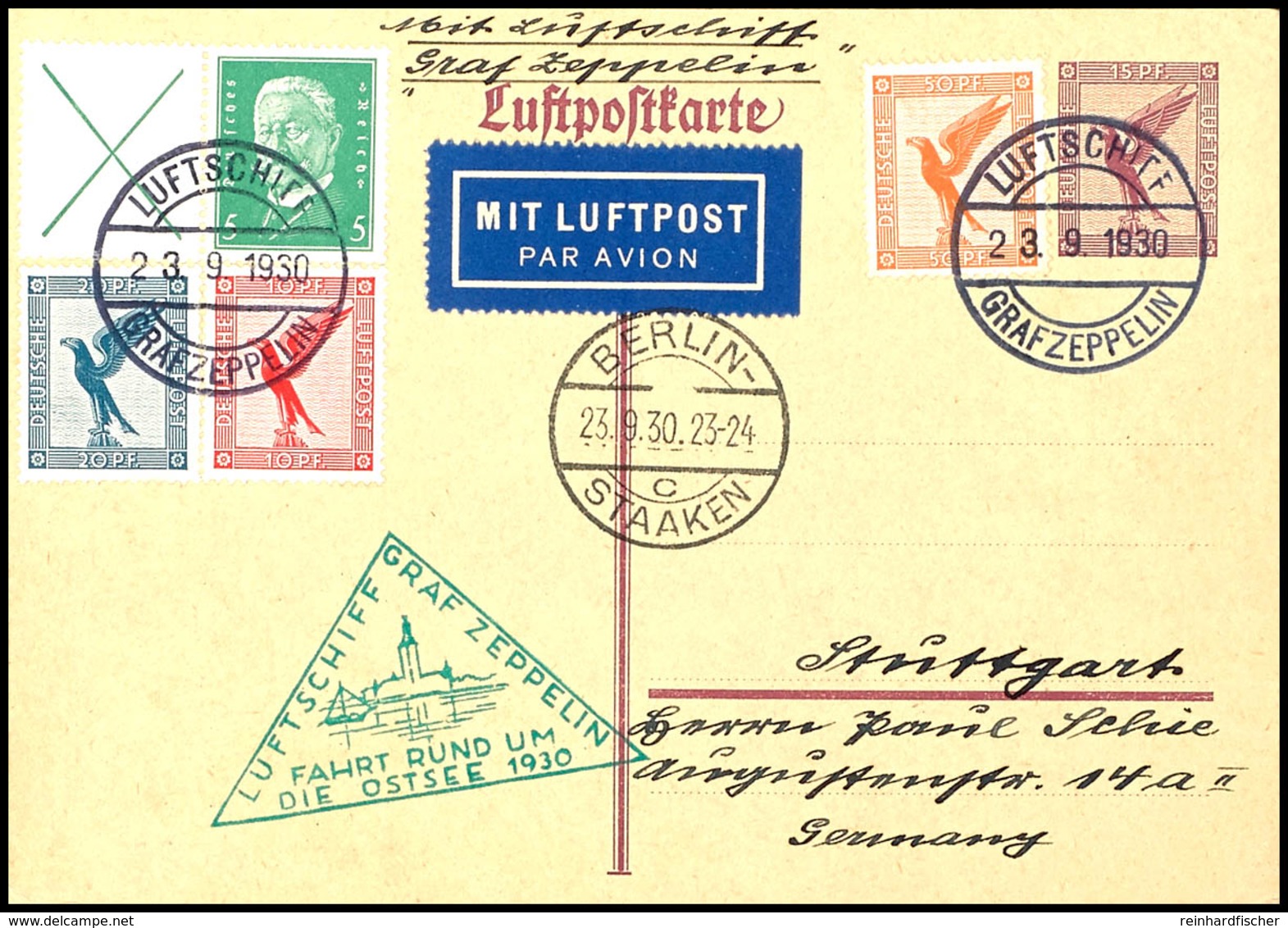 7001 1930, Ostseefahrt, Bordpost Vom 23.9. Mit Postabgabe Berlin, Ganzsachenkarte Mit Bunter Zufrankatur Und Vorderseiti - Other & Unclassified