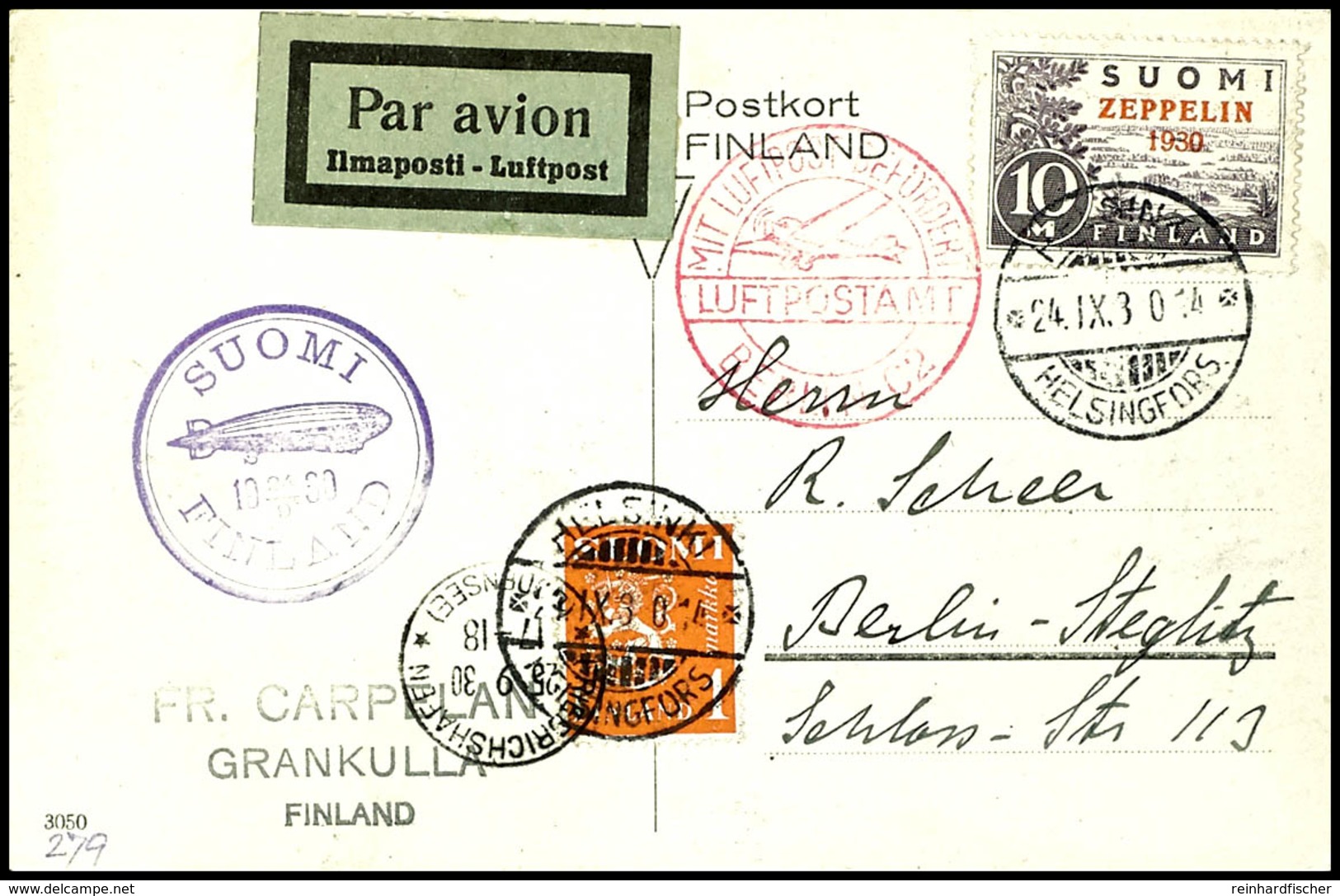 7005 1930, Ostseefahrt, Finnische Post Mit 10 M. Sondermarke, Karte Aus HELSINKI 24.IX. Nach Berlin Mit Flugpost-Best.-S - Andere & Zonder Classificatie