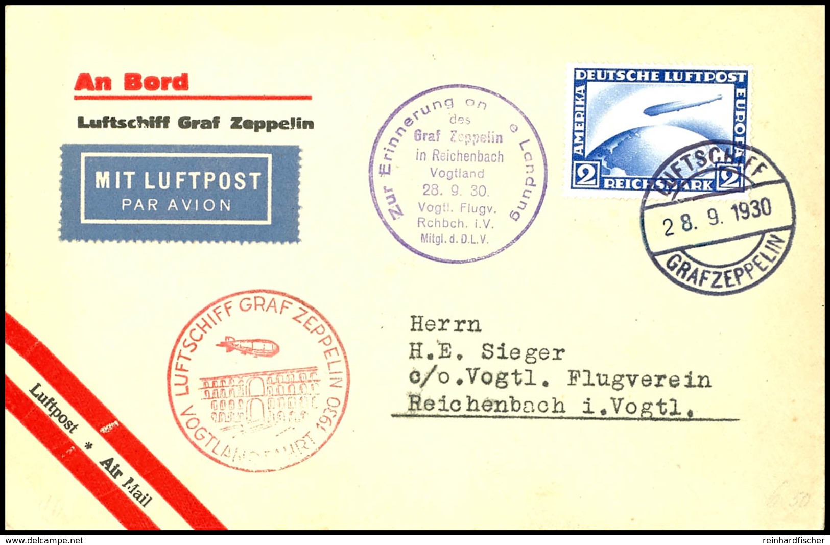 7007 1930, Vogtlandfahrt, Bordpost Vom 28.9. Mit Privatem Gedenkstempel Des Vogtländischen Flugvereins, Vordruckbrief Mi - Sonstige & Ohne Zuordnung