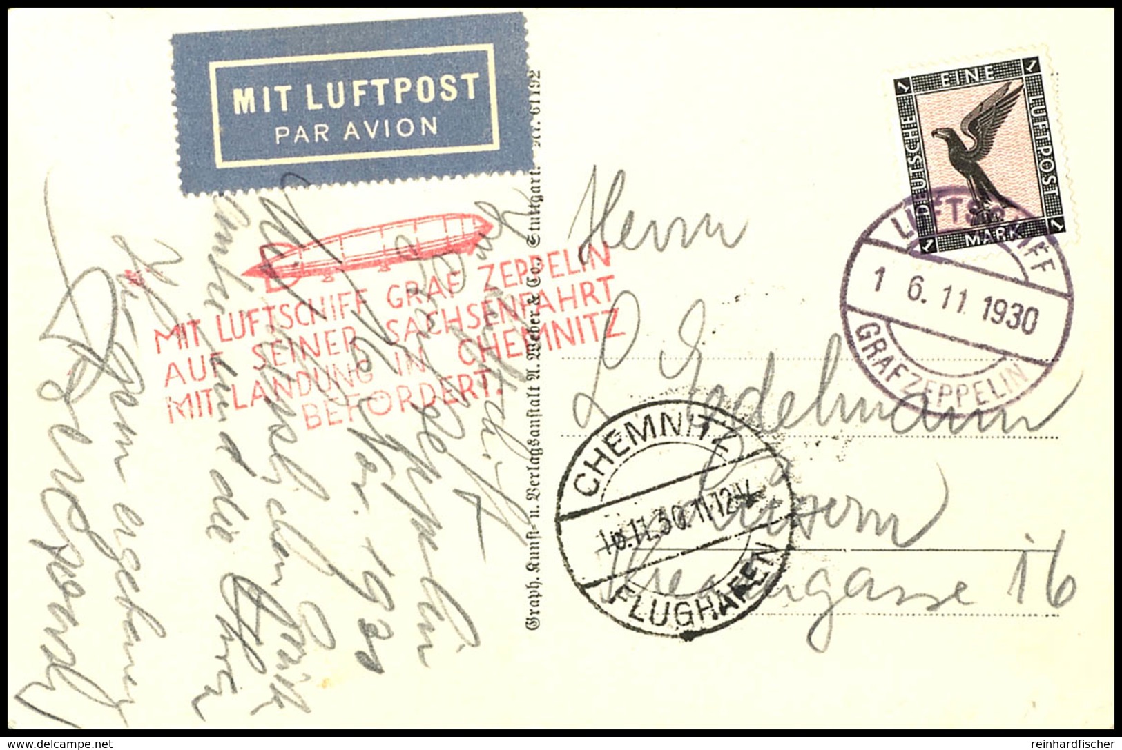 7010 1930, Landungsfahrt Nach Chemnitz, Bordpost Vom 16.11., Fotokarte Mit 1 M. Adler Und Grußtext Eines Passagiers: "Im - Other & Unclassified