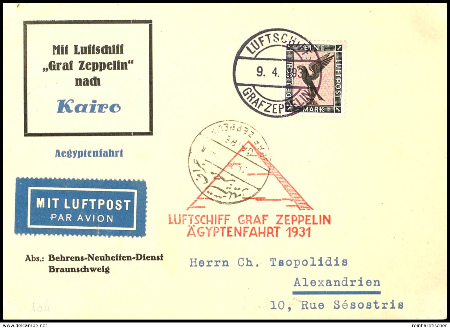 7015 1931, Landungsfahrt Nach Ägypten, Bordpost Vom 9.4., Vordruckkarte Mit 1 M. Adler Via Cairo Nach Alexandrien, Prach - Other & Unclassified
