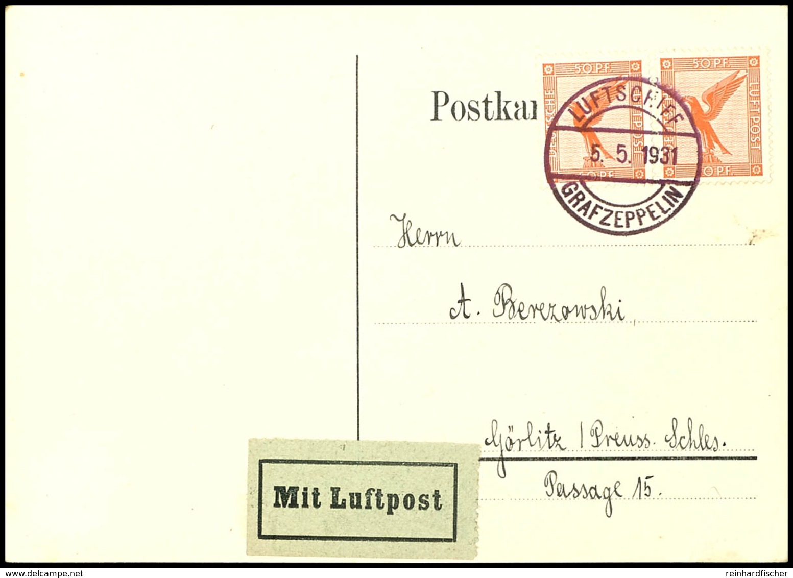 7019 1931, Kleine Schweizfahrt Mit Bordpost Vom 5.5., Karte Mit Zwei Einzelwerten 50 Pfg. Adler Nach Görlitz, Prach, Kat - Sonstige & Ohne Zuordnung