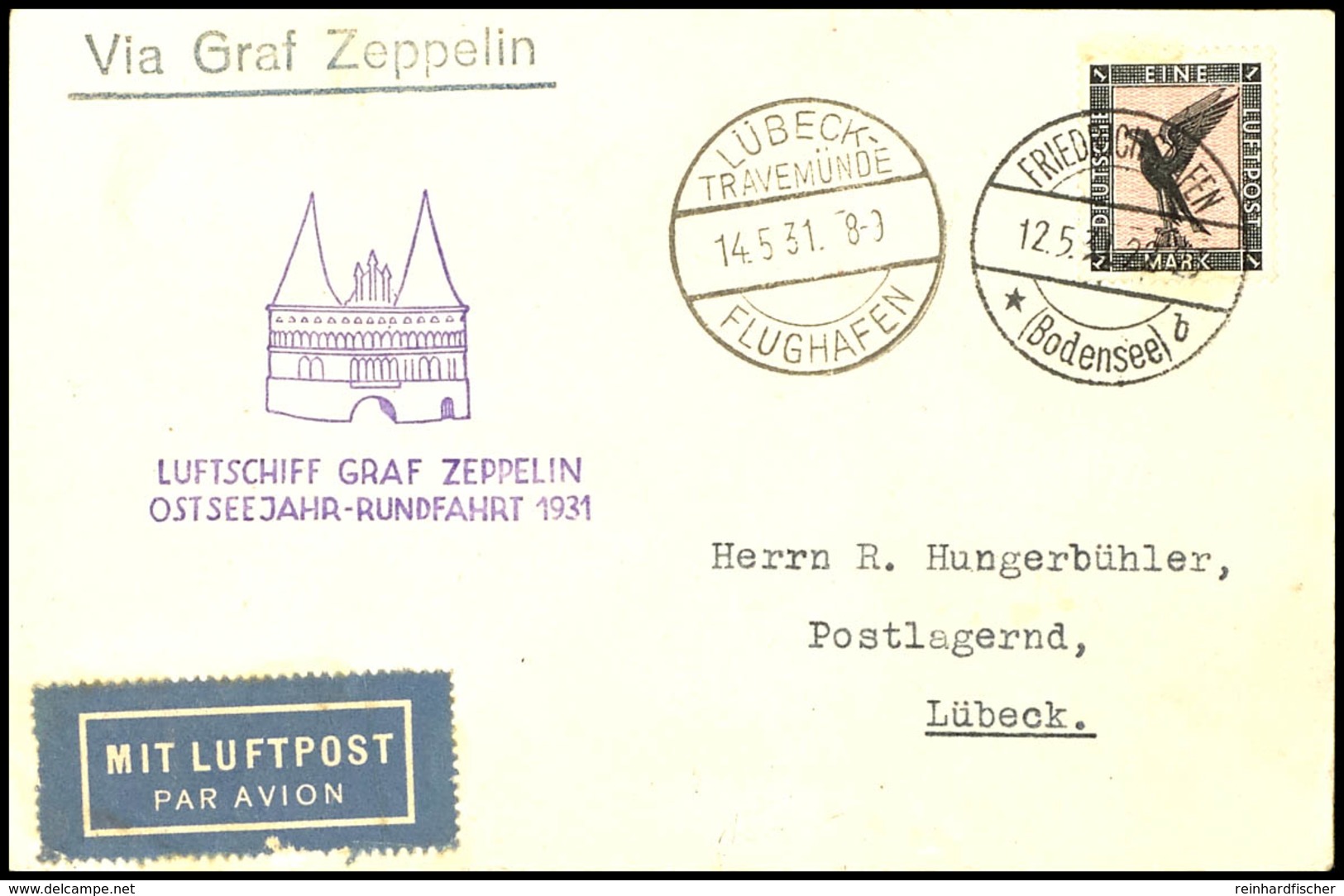 7023 1931, Ostseejahr-Rundfahrt, Auflieferung Friedrichshafen Bis Lübeck, Karte Mit 1 M. Adler Und Vorderseitigem Ankunf - Other & Unclassified