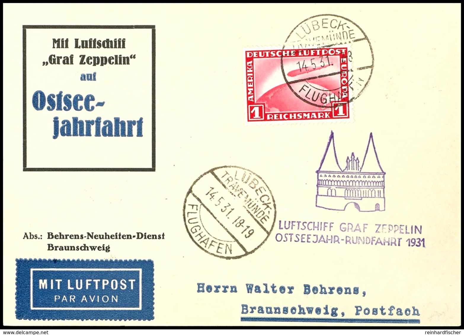 7024 1931, Ostseejahr-Rundfahrt, Auflieferung Lübeck (Rundfahrt), Vordruckkarte Mit 1 RM. Zeppelin Und Vorderseitigem An - Sonstige & Ohne Zuordnung