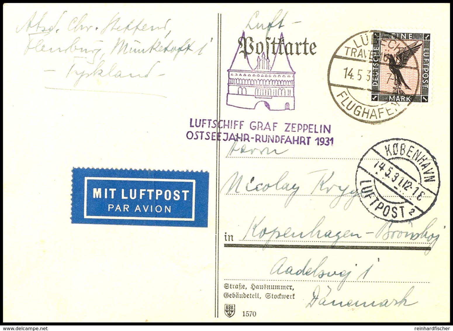 7026 1931, Ostseejahr-Rundfahrt, Auflieferung Lübeck-Travemünde Mit Abwurf Kopenhagen, Karte Mit 1 Adler Und Allen Stemp - Other & Unclassified