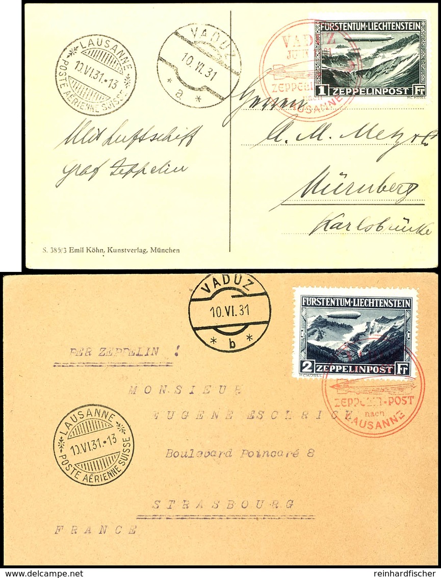 7030 1931, Fahrt Vaduz-Lausanne, Karte Mit 1 Fr. Zeppelin Und Stempel VADUZ A 10.VI Und Brief Mit 2 Fr. Zeppelin Und Ste - Other & Unclassified