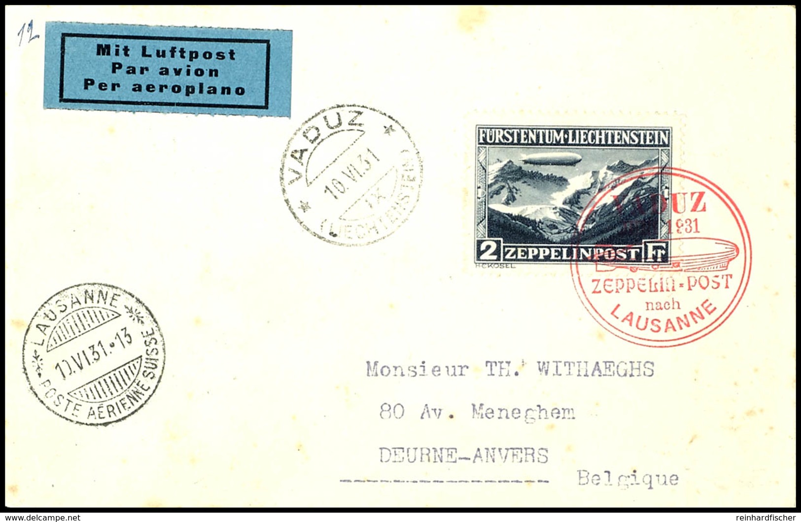 7031 1931, Fahrt Vaduz-Lausanne, Brief Mit 2 Fr. Zeppelin Und Stempel VADUZ XI 10.VI. Nach Belgien Mit Ankunftsstempel,  - Andere & Zonder Classificatie