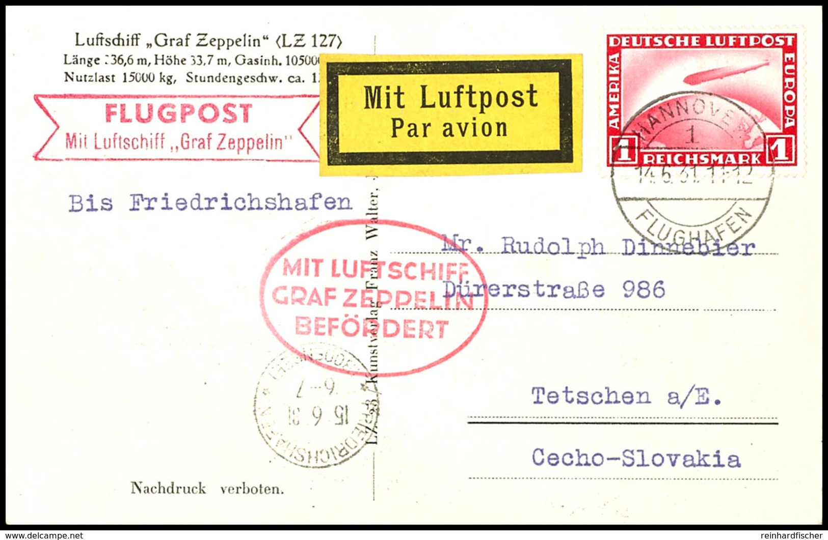 7034 1931, Fahrt Nach Hannover, Auflieferung Hannover Bis Friedrichshafen, Fotokarte Mit 1 RM. Zeppelin, Adressiert Nach - Andere & Zonder Classificatie