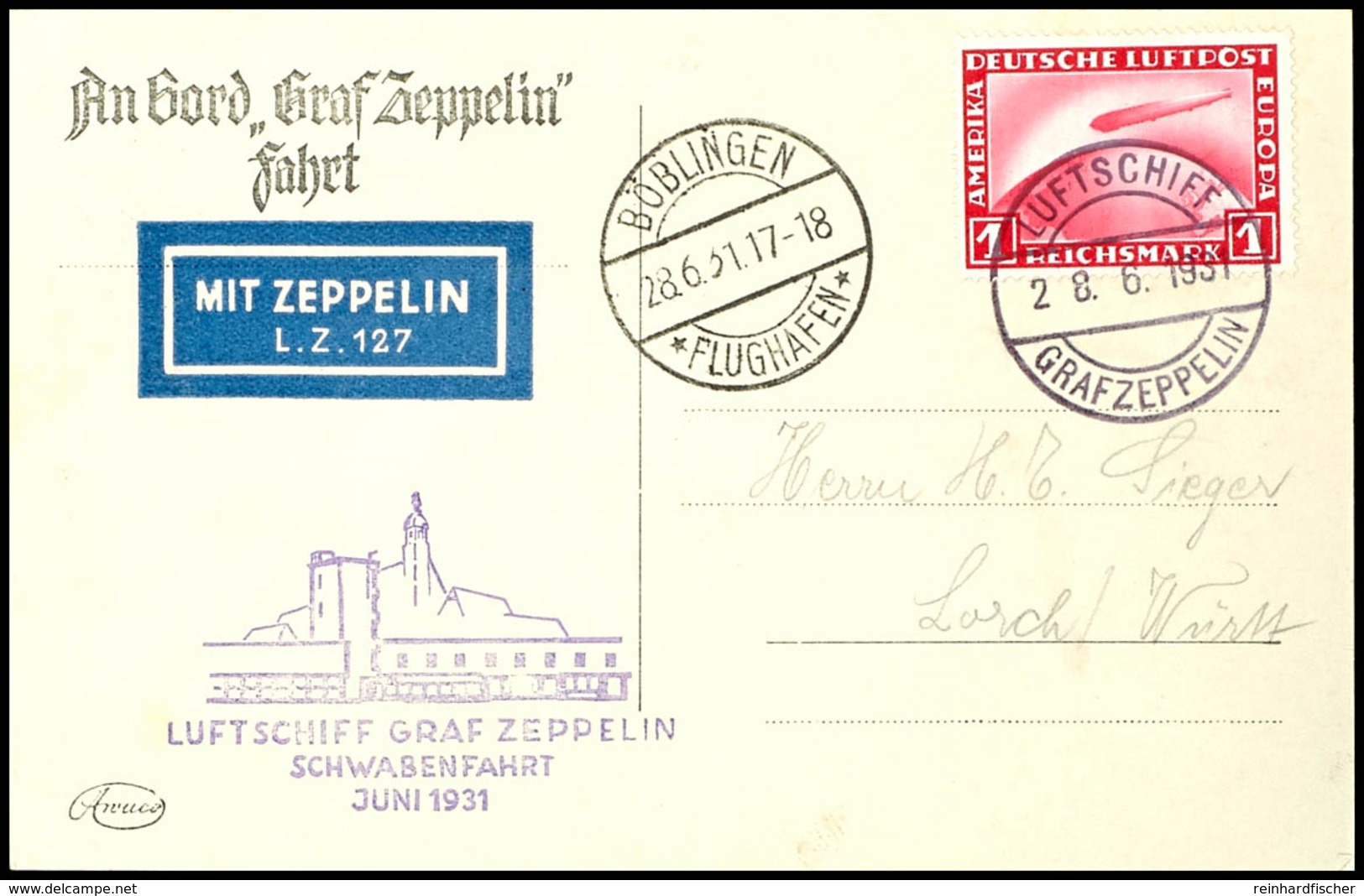 7035 1931, Schwabenfahrt, Bordpost Vom 28.6. Nach Böblingen, Fotokarte Mit 1 RM Zeppelin Nach Lorch, Pracht, Katalog: Si - Sonstige & Ohne Zuordnung