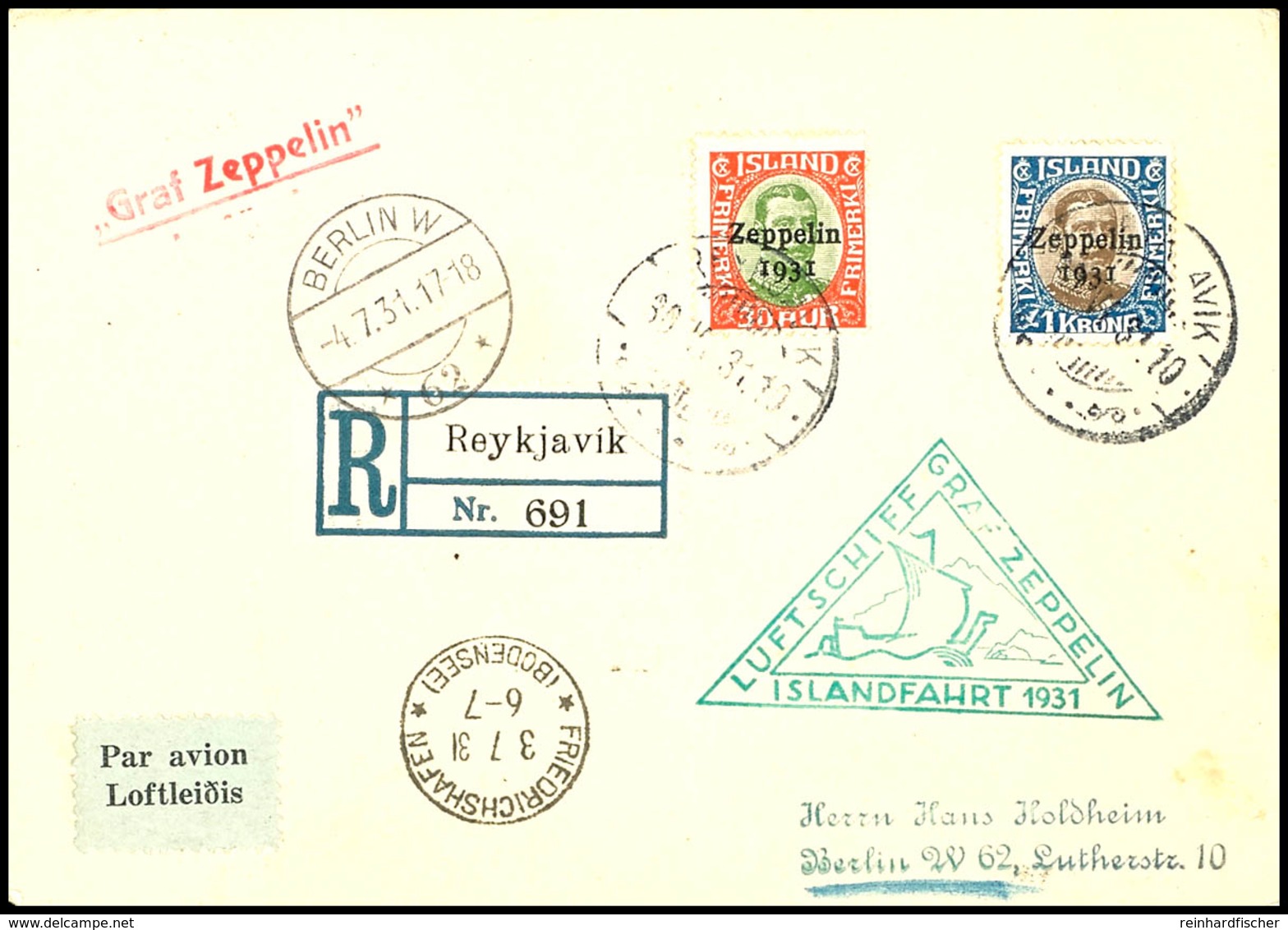 7039 1931, Islandfahrt, Isländische Post, R-Karte Aus REYKJAVIK 30.7. Mit 1 Kr. Und 30 Aur Sondermarken Nach Berlin Mit  - Sonstige & Ohne Zuordnung