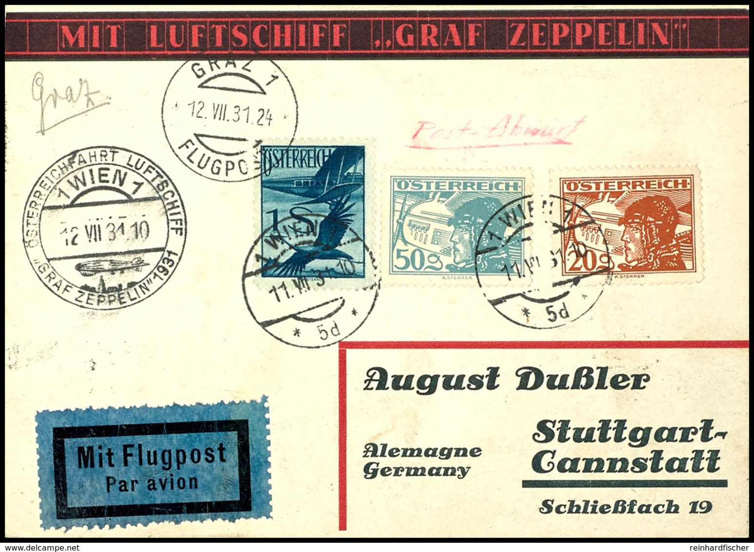 7045 1931, Österreichfahrt, österr. Post Mit Postsonderstempel Wien Und Abwurf Graz, Dekorative Vordruckkarte Aus WIEN 1 - Sonstige & Ohne Zuordnung