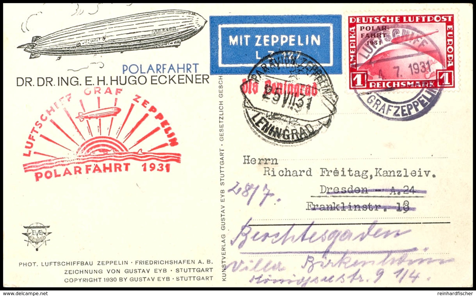 7047 1931, Polarfahrt, Bordpost Bis Leningrad, Bildpostkarte Mit 1 RM. Polarfahrt Mit "LUFTSCHIFF GRAF ZEPPELIN 4.7.1931 - Other & Unclassified