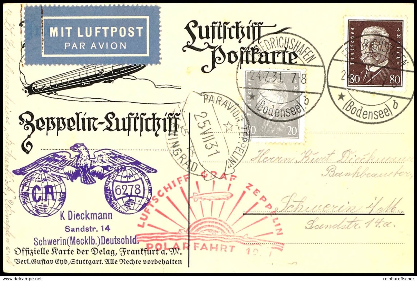 7052 1931, Polarfahrt, Auflieferung Friedrichshafen Bis Leningrad, Karte Mit Normaler Frankatur 80 + 20 Pfg. Reichspräsi - Sonstige & Ohne Zuordnung