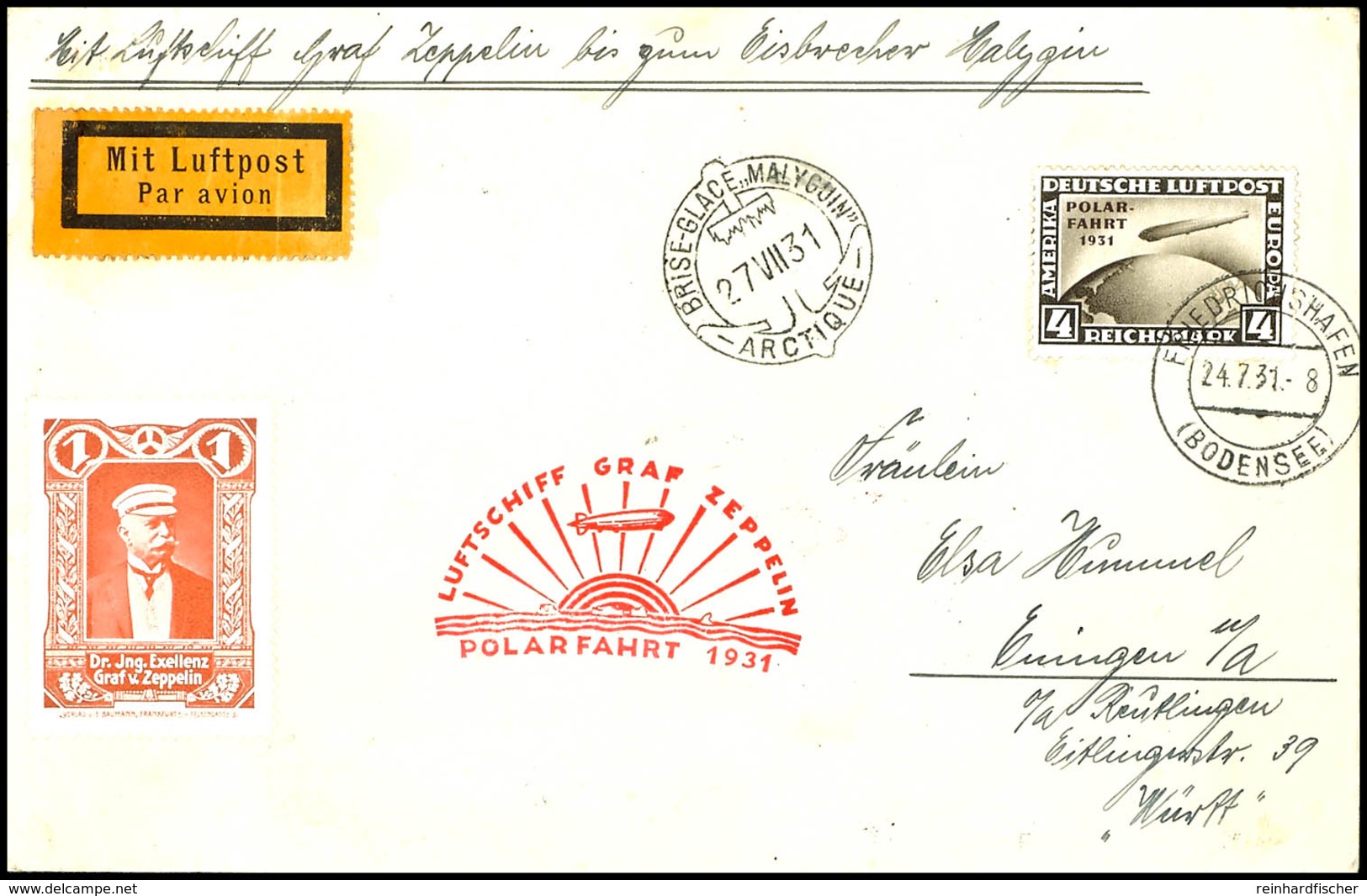 7053 1931, Polarfahrt, Auflieferung Friedrichshafen Bis D. Malygin, Brief Mit 4 RM Polarfahrt Und Alter Zeppelinvignette - Andere & Zonder Classificatie