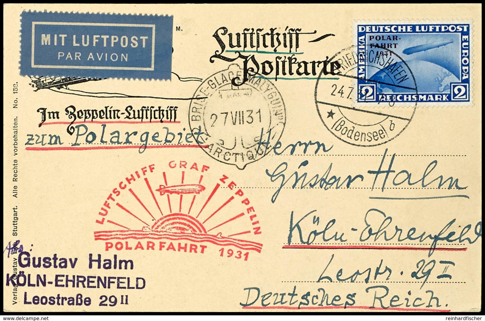 7054 1931, Polarfahrt, Auflieferung Friedrichshafen Nach D. Malygin, Karte Mit 2 M. Polarfahrt Und Vorderseitig Allen St - Sonstige & Ohne Zuordnung