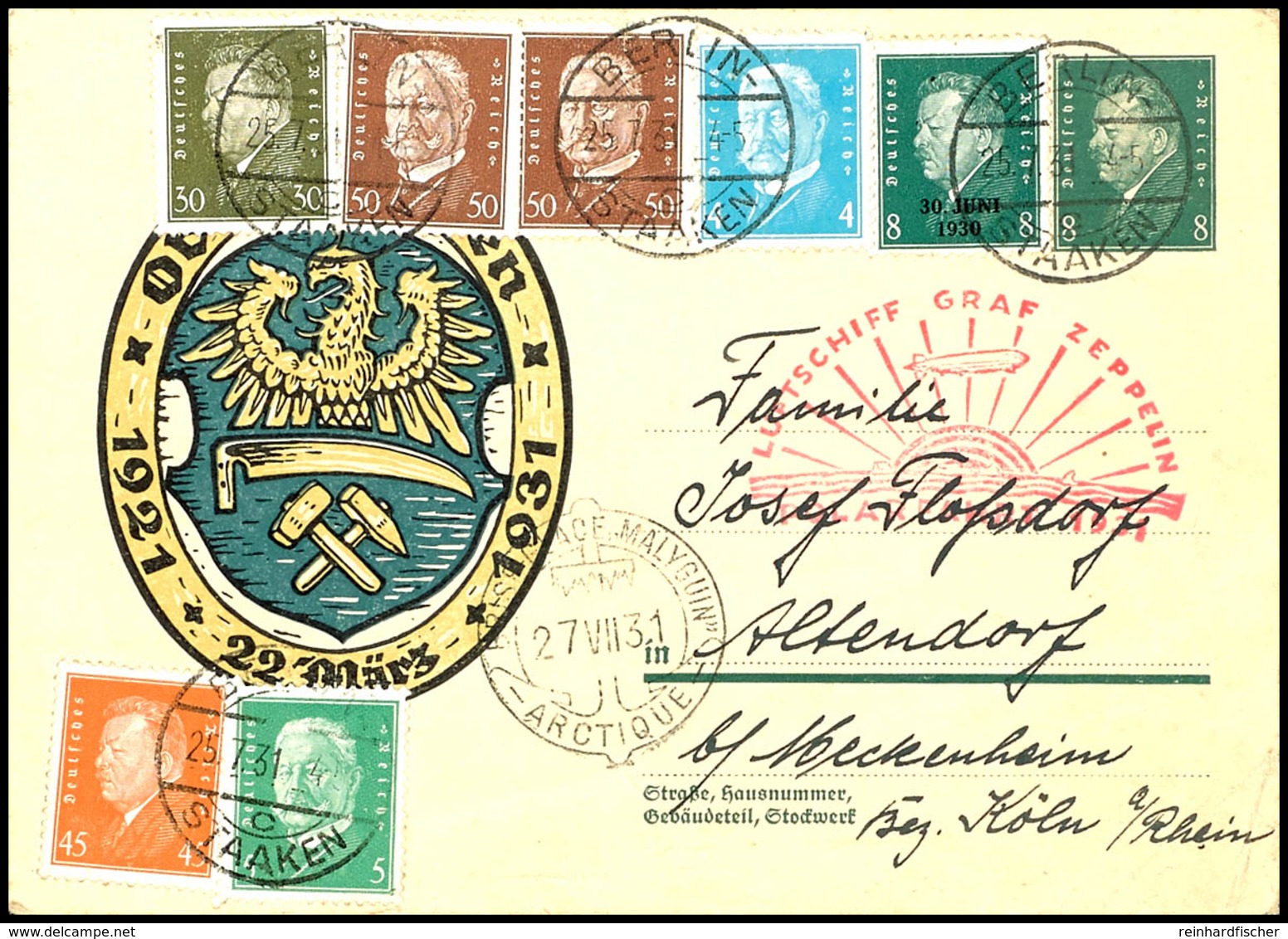 7055 1931, Polarfahrt, Auflieferung Berlin Bis D. Malygin, Ganzsachenkarte Mit Freimarken-Zufrankatur Und Allen Stempeln - Andere & Zonder Classificatie