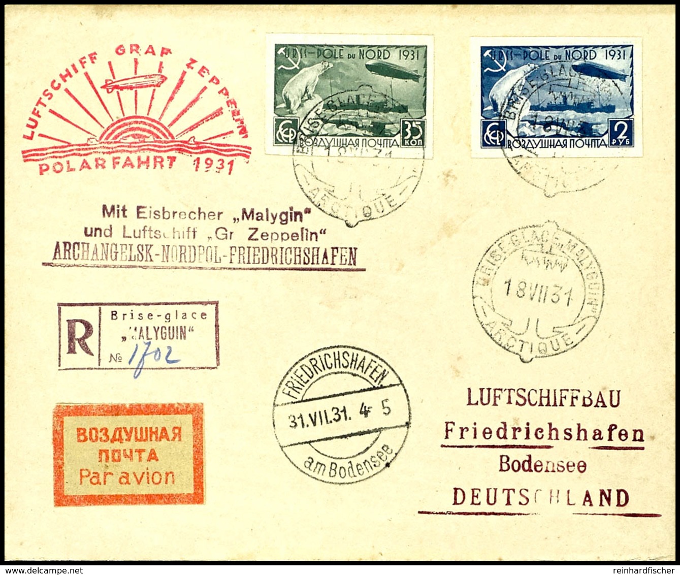 7057 1931, Polarfahrt, Russische Post, Auflieferung D. Malygin Bis Friedrichshafen, R-Brief Und R-Karte Jeweils Mit Zwei - Sonstige & Ohne Zuordnung