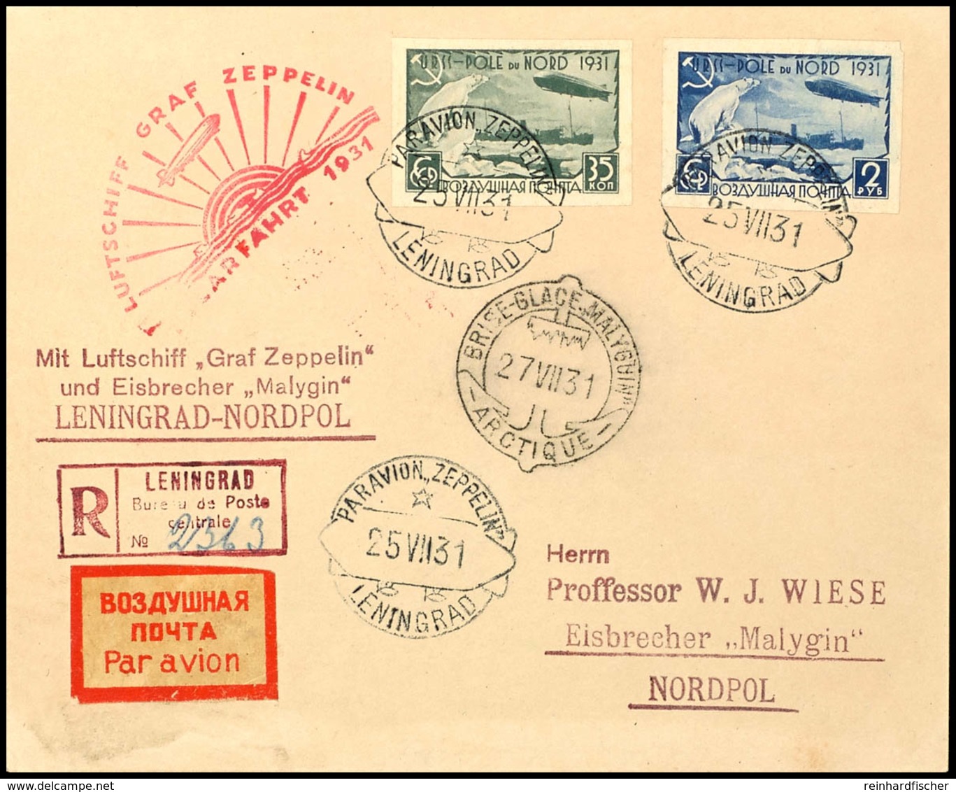 7059 1931, Polarfahrt, Russische Post, Auflieferung Leningrad, Karte Und Brief Mit Ungezähnten Zeppelinmarken Mit Postso - Sonstige & Ohne Zuordnung