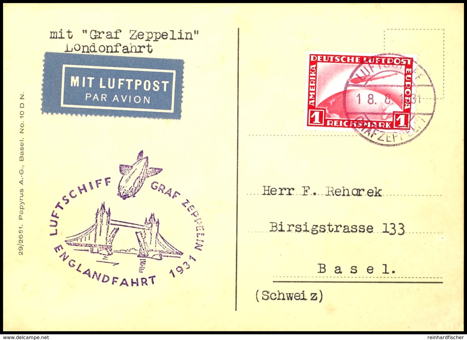 7063 1932, Englandfahrt, Bordpost Vom 18.8., Karte Mit 1 RM Zeppelin, Adressiert Nach Basel, Tadellos, Katalog: Si.122Ab - Andere & Zonder Classificatie