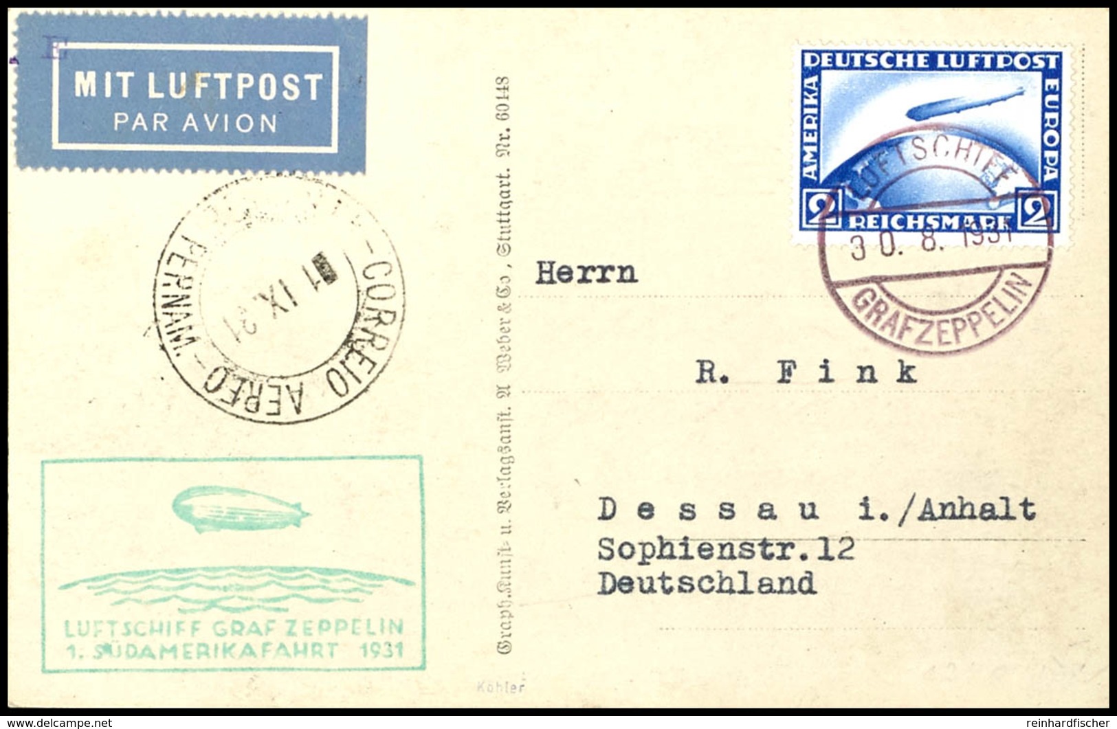 7064 1931, 1. Südamerikafahrt, Bordpost Bis Pernambuco, Fotopostkarte "LZ 127" Mit 2 RM. Zeppelin Mit "LUFTSCHIFF GRAF Z - Sonstige & Ohne Zuordnung