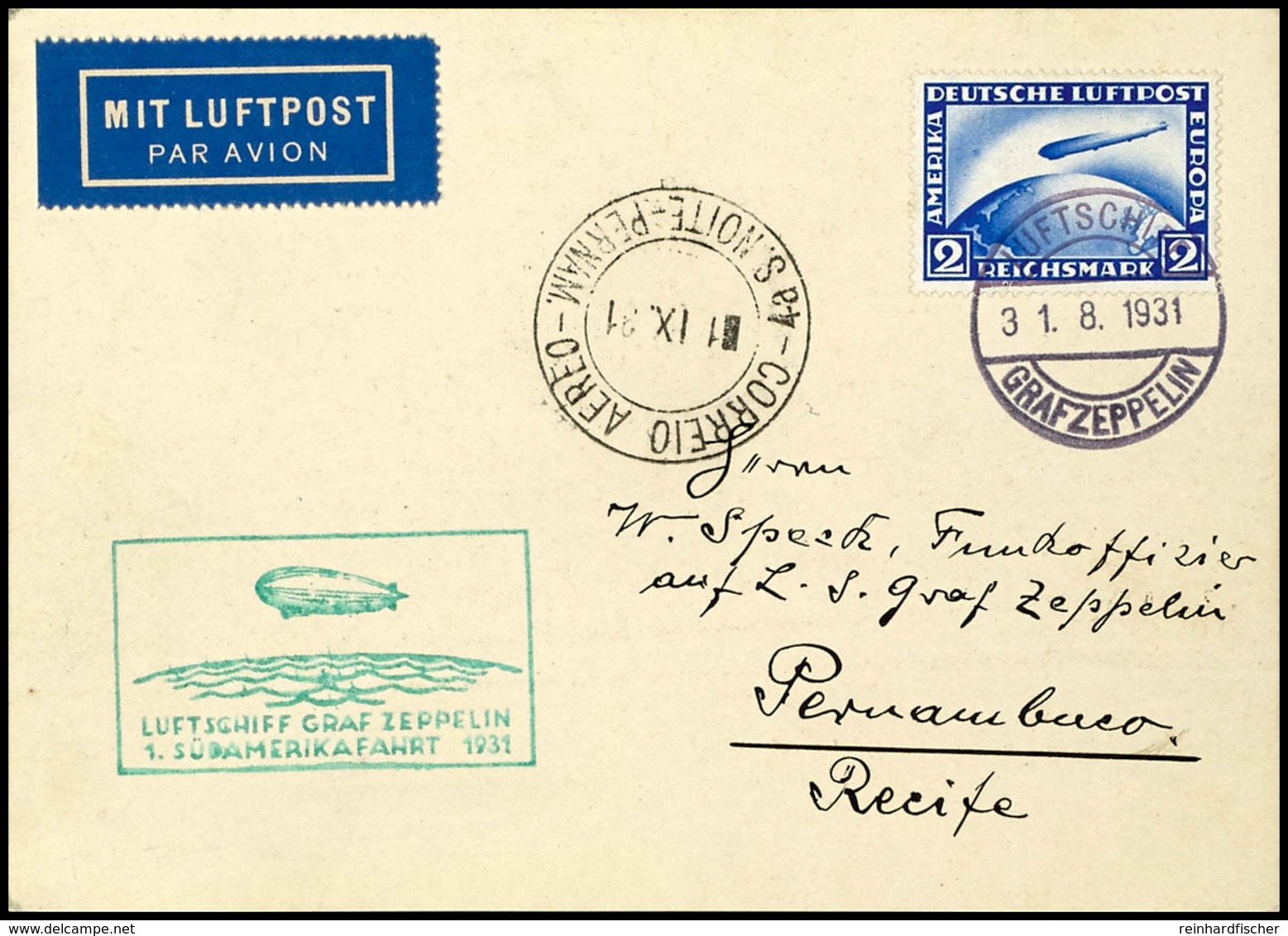 7065 1931, 1. Südamerikafahrt, Bordpost Vom 31.8. Bis Pernambuco Mit Best.-Stempel I, Karte Mit 2 RM Zeppelin Und Vorder - Other & Unclassified