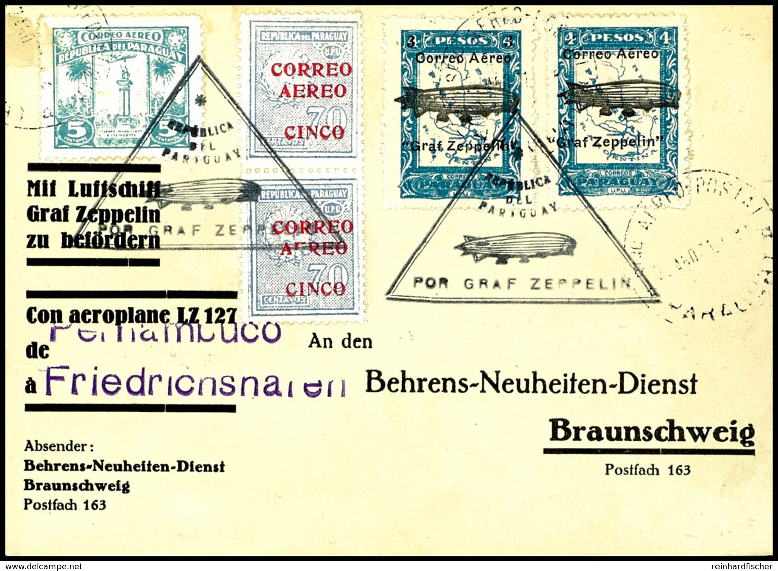 7069 1931, 1. Südamerikafahrt, Paraguayische Post, Karte Mit U.a. Beiden Zeppelin-Sondermarken 3 P. Auf 4 P. Und 4 P. Je - Sonstige & Ohne Zuordnung