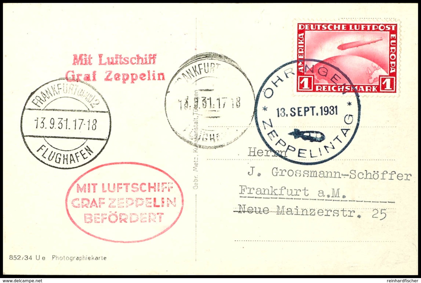 7071 1931, Fahrt Nach Öhringen Und Frankfurt, Öhringen - Frankfurt, Karte Mit 1 RM Zeppelin Und Sonderstempel ÖHRINGEN Z - Andere & Zonder Classificatie