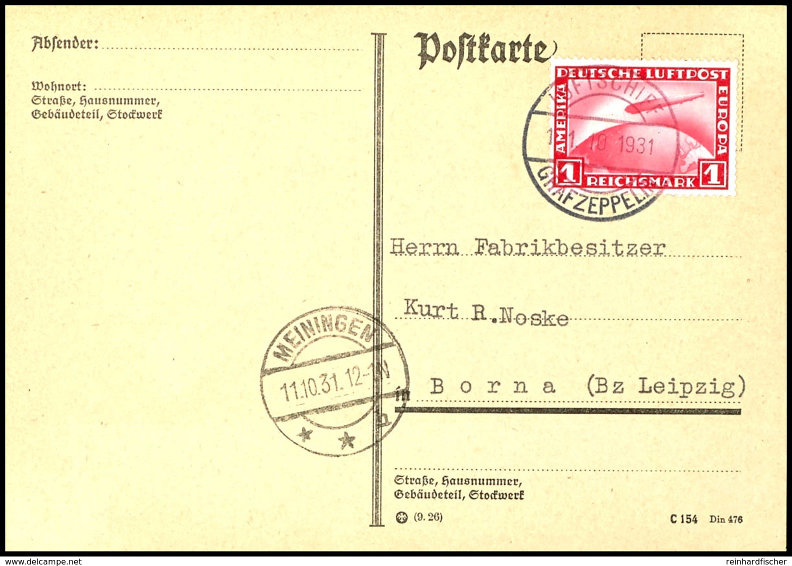 7079 1931, Fahrt Nach Meiningen, Bordpost Vom 11.10., Karte Mit 1 RM Zeppelin Und Allen Stempeln, Adressiert Nach Borna, - Andere & Zonder Classificatie