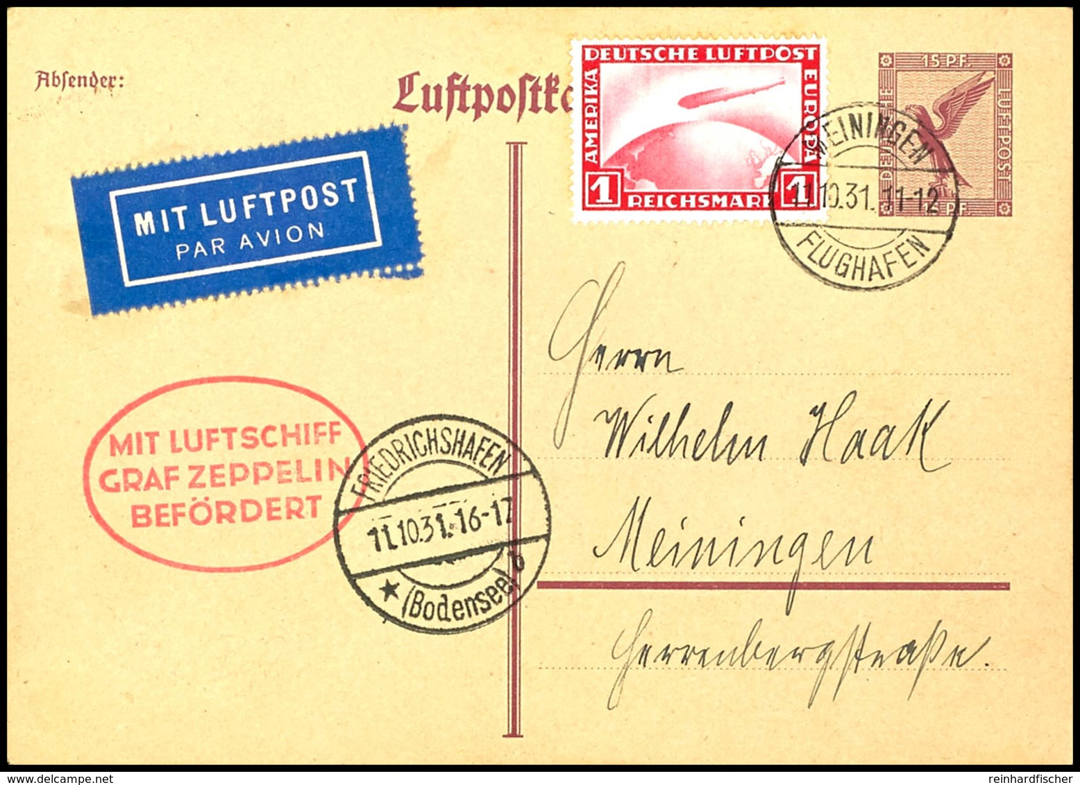 7080 1931, Fahrt Nach Meiningen, Auflieferung Meiningen Bis Friedrichshagen, Ganzsachenkarte Mit 1 RM Zeppelin Und Allen - Sonstige & Ohne Zuordnung