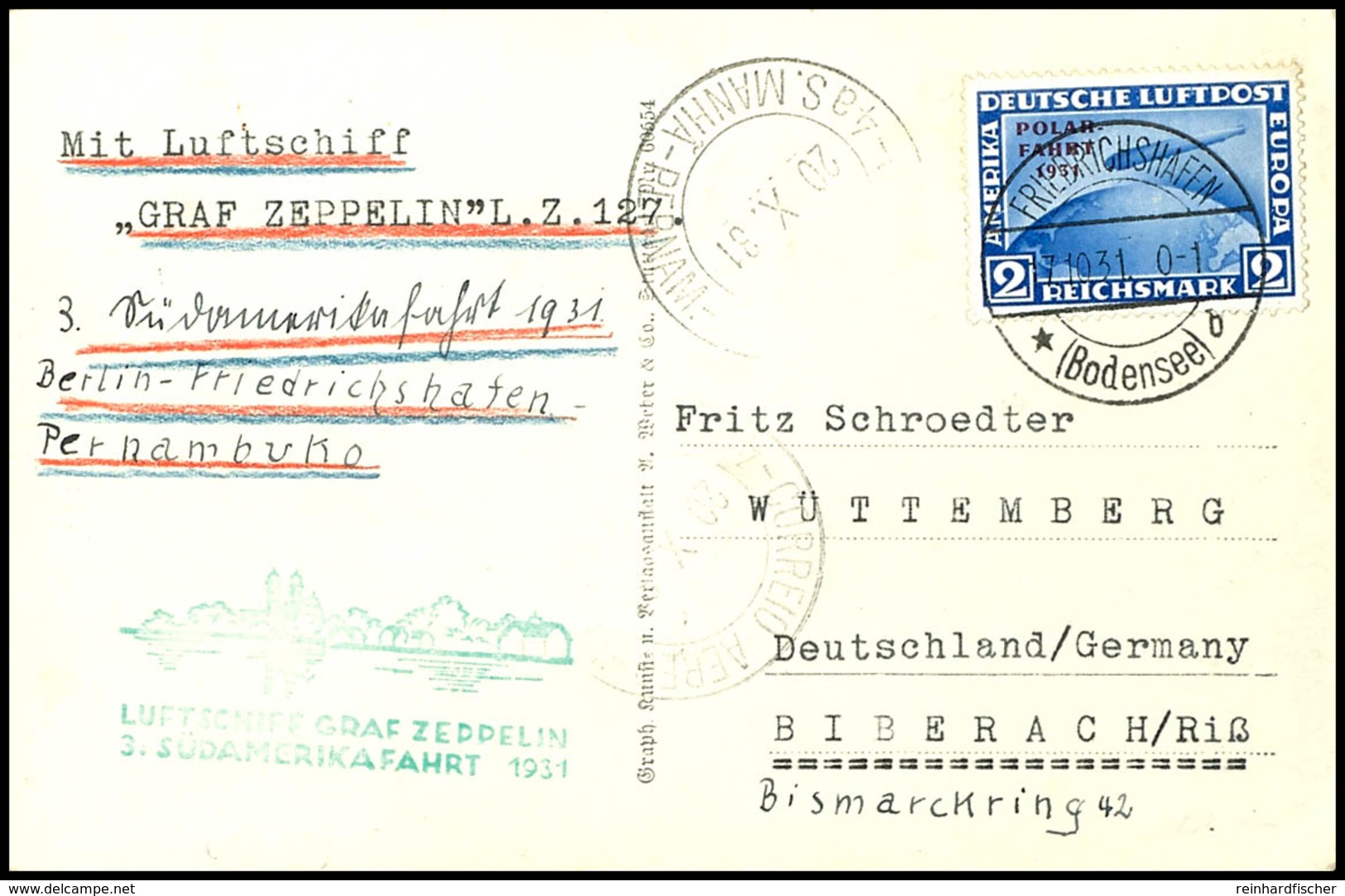 7081 1931, 3. Südamerikafahrt, Auflieferung Friedrichshafen Bis Pernambuco, Fotokarte Mit 2 M. Polarfahrt Und Allen Stem - Sonstige & Ohne Zuordnung